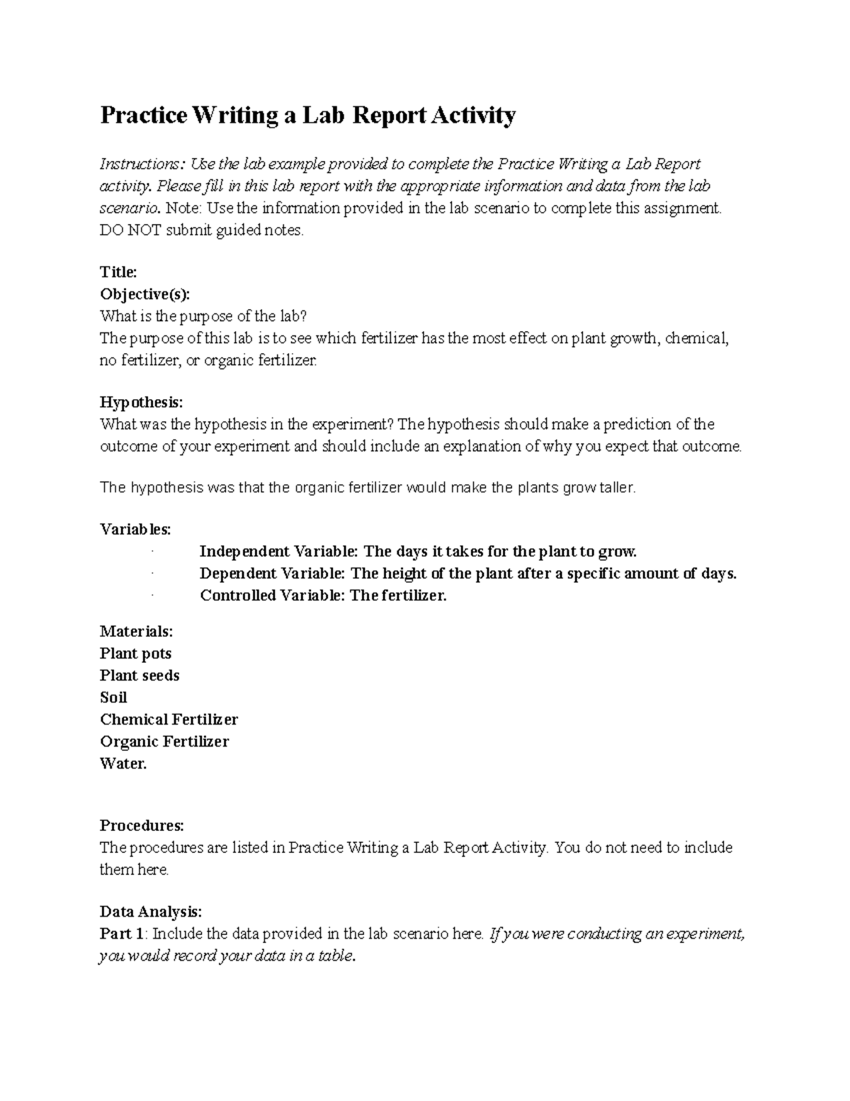 Writing a Lab Report: Fertilizer Effects on Plant Growth - BIO 1 101 ...