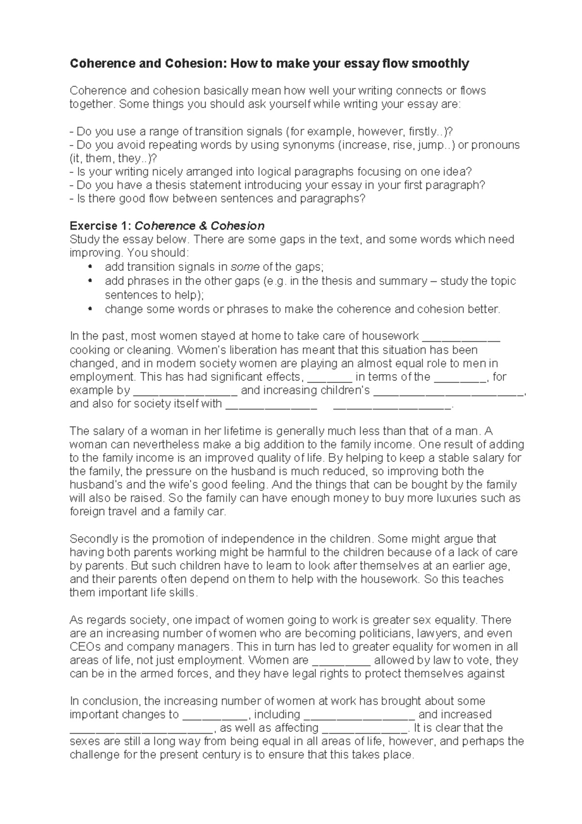 Coherence and Cohesion handout - Coherence and Cohesion: How to make ...