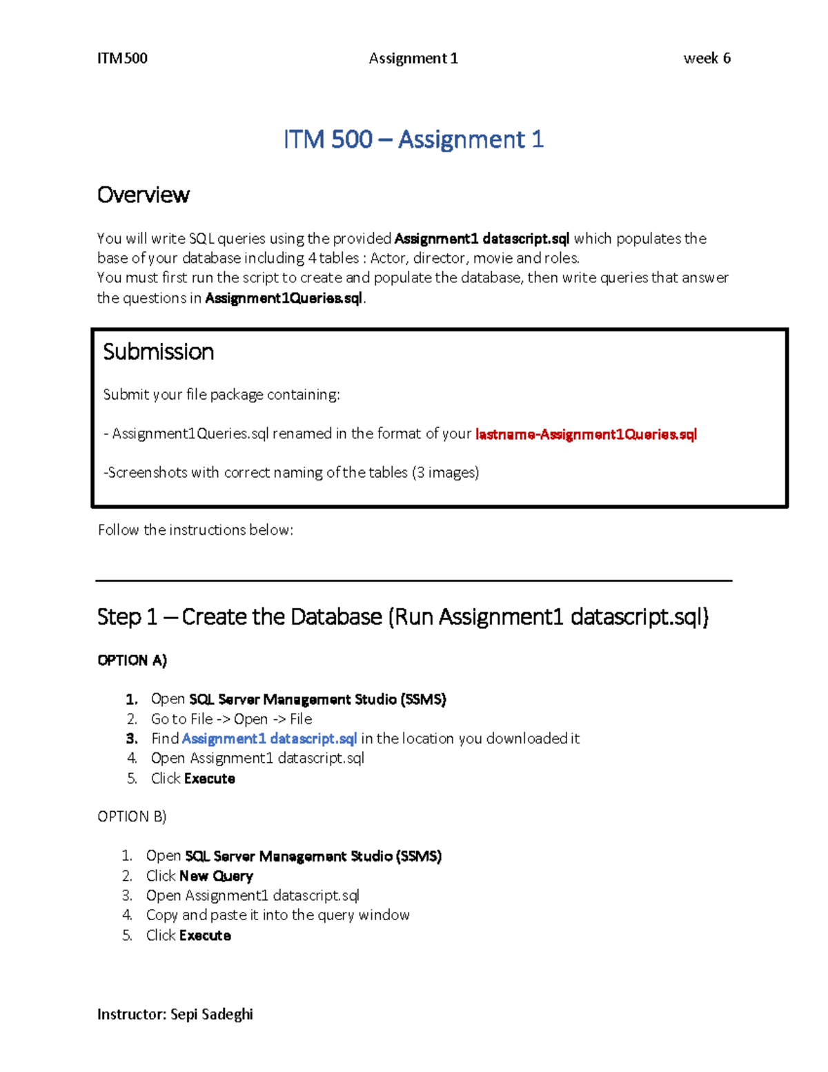 ITM500 Week 6 Assignment 1: SQL Queries and Database Setup Guide - Studocu