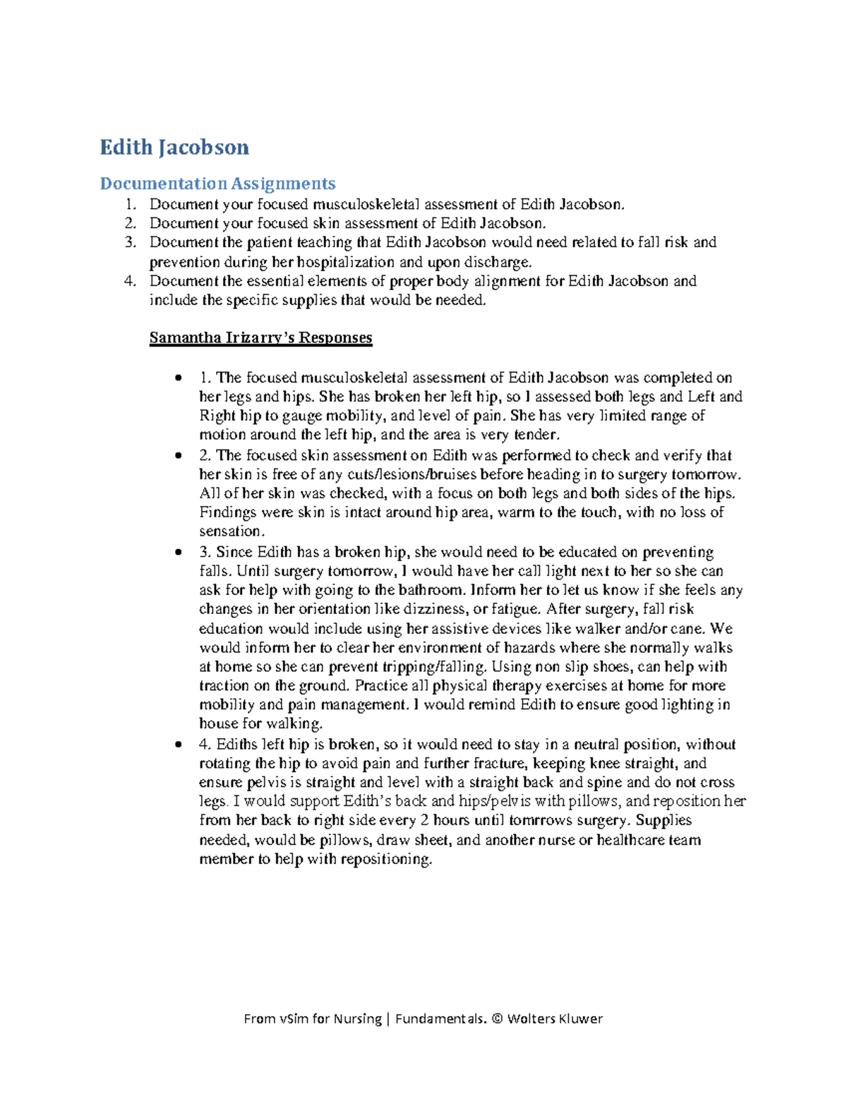 Completed v Sim#1 - From vSim for Nursing | Fundamentals. © Wolters ...