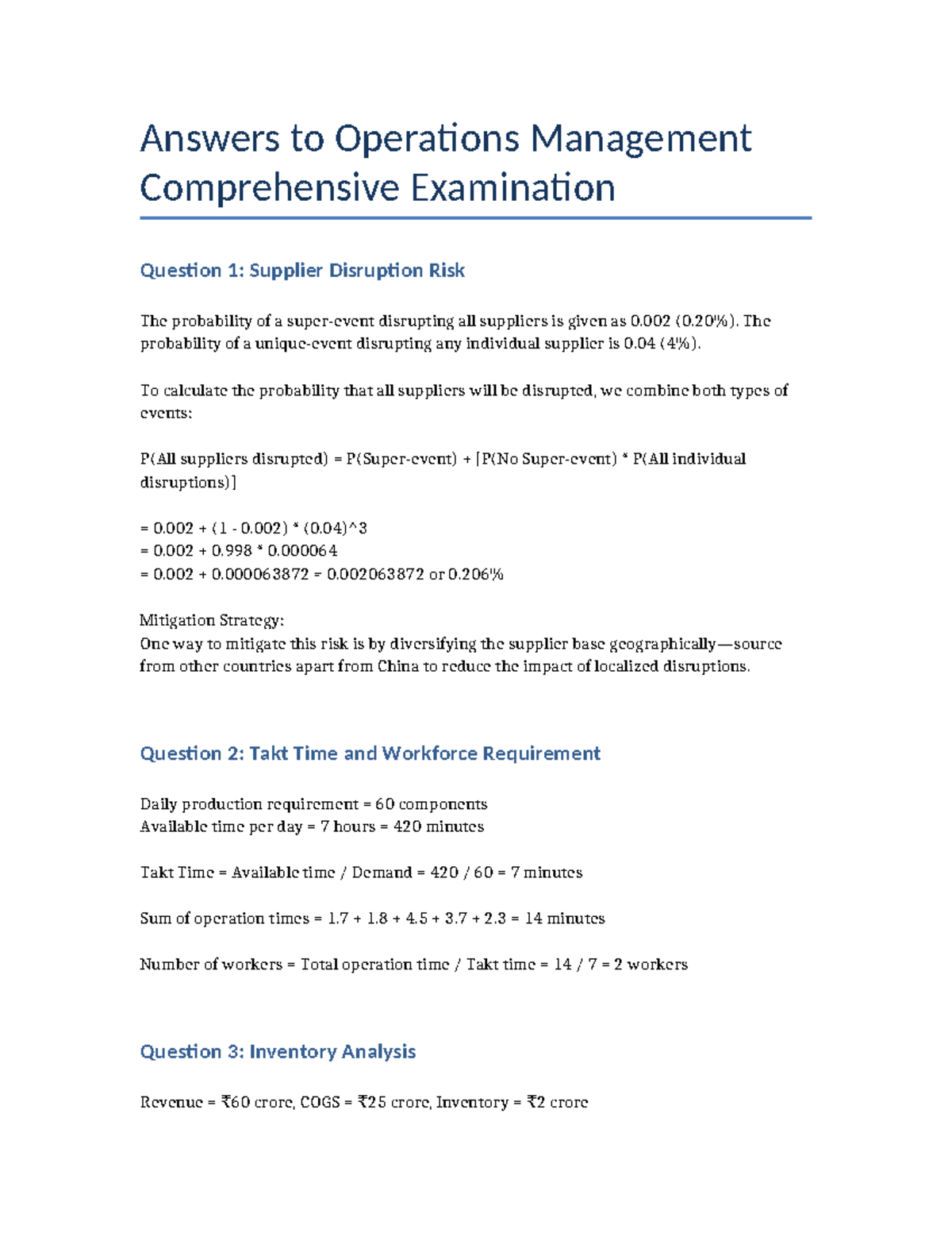 Operations Management (OM) Comprehensive Exam Answers: Supplier Risk & More - Document Preview