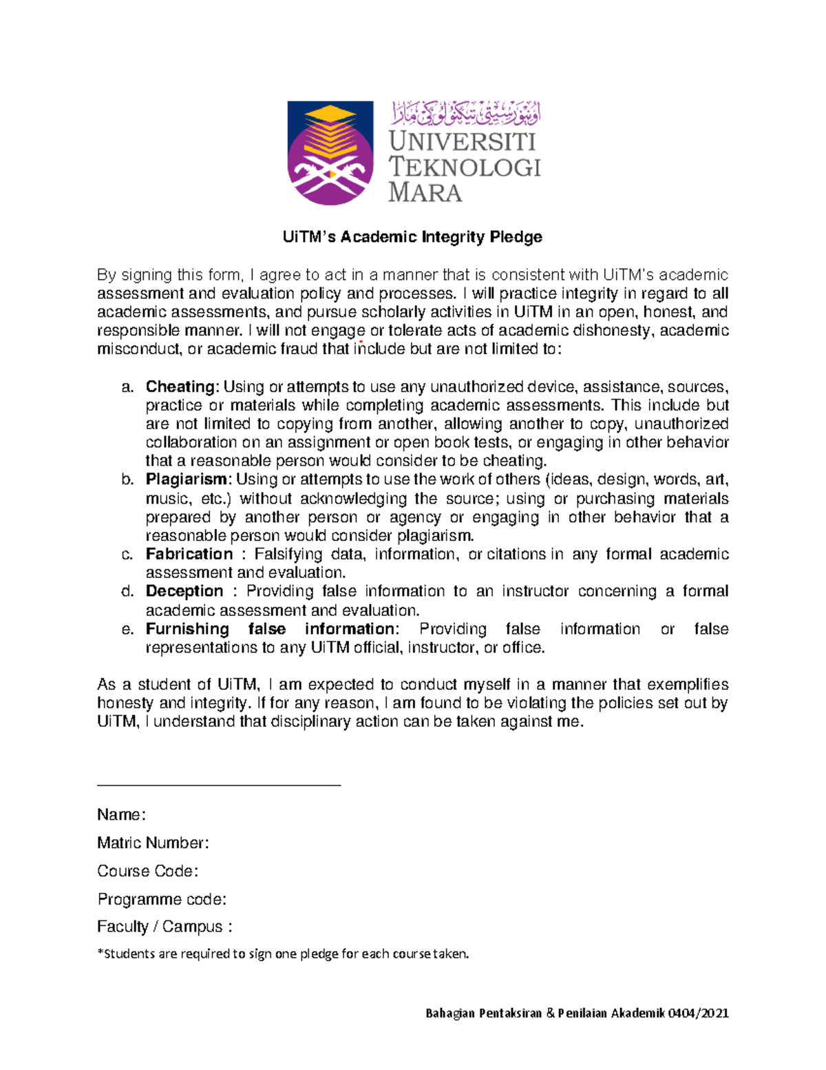UiTM Academic Integrity Pledge - Commitment to Honesty 0404 - Studocu