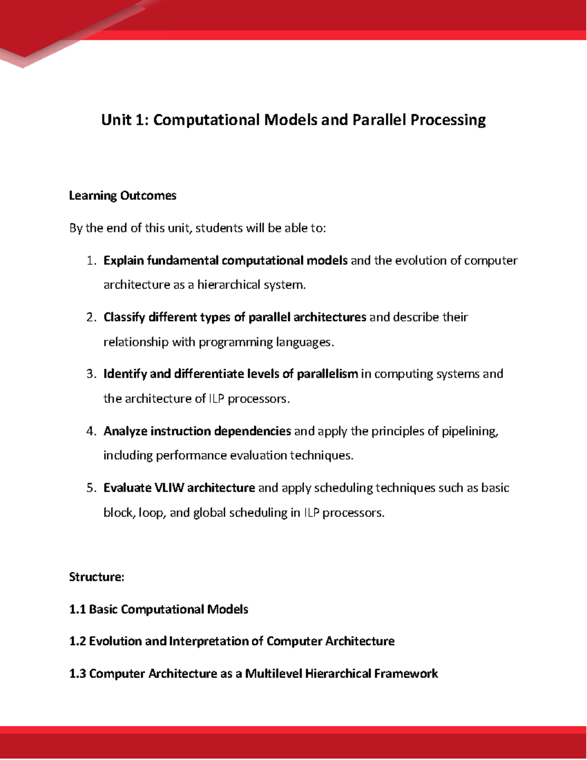 Unit 1: Comp Models & Parallel Processing Learning Outcomes - Studocu