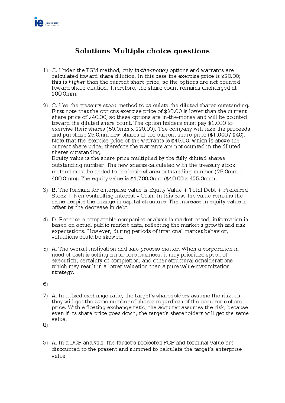 Solutions to Multiple Choice Questions: Equity & Valuation Analysis ...