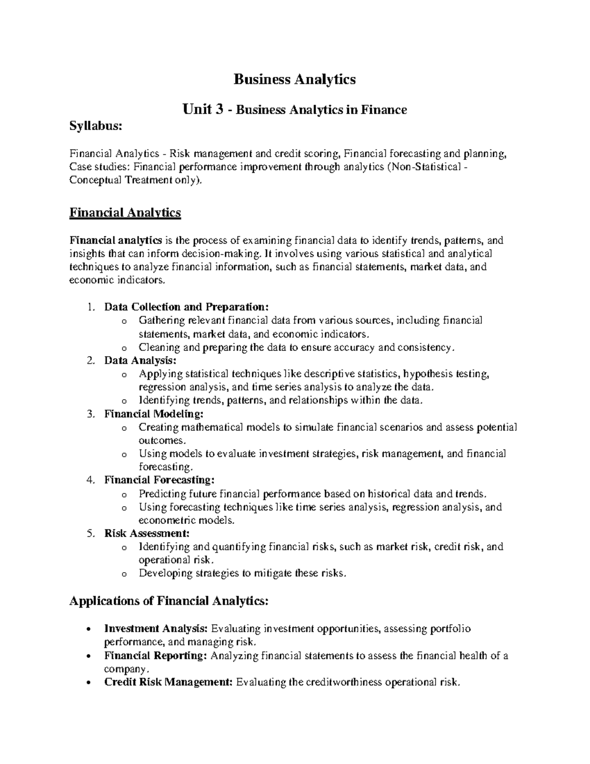 UNIT 3 Business Analytics in Finance: Syllabus & Key Concepts - Studocu