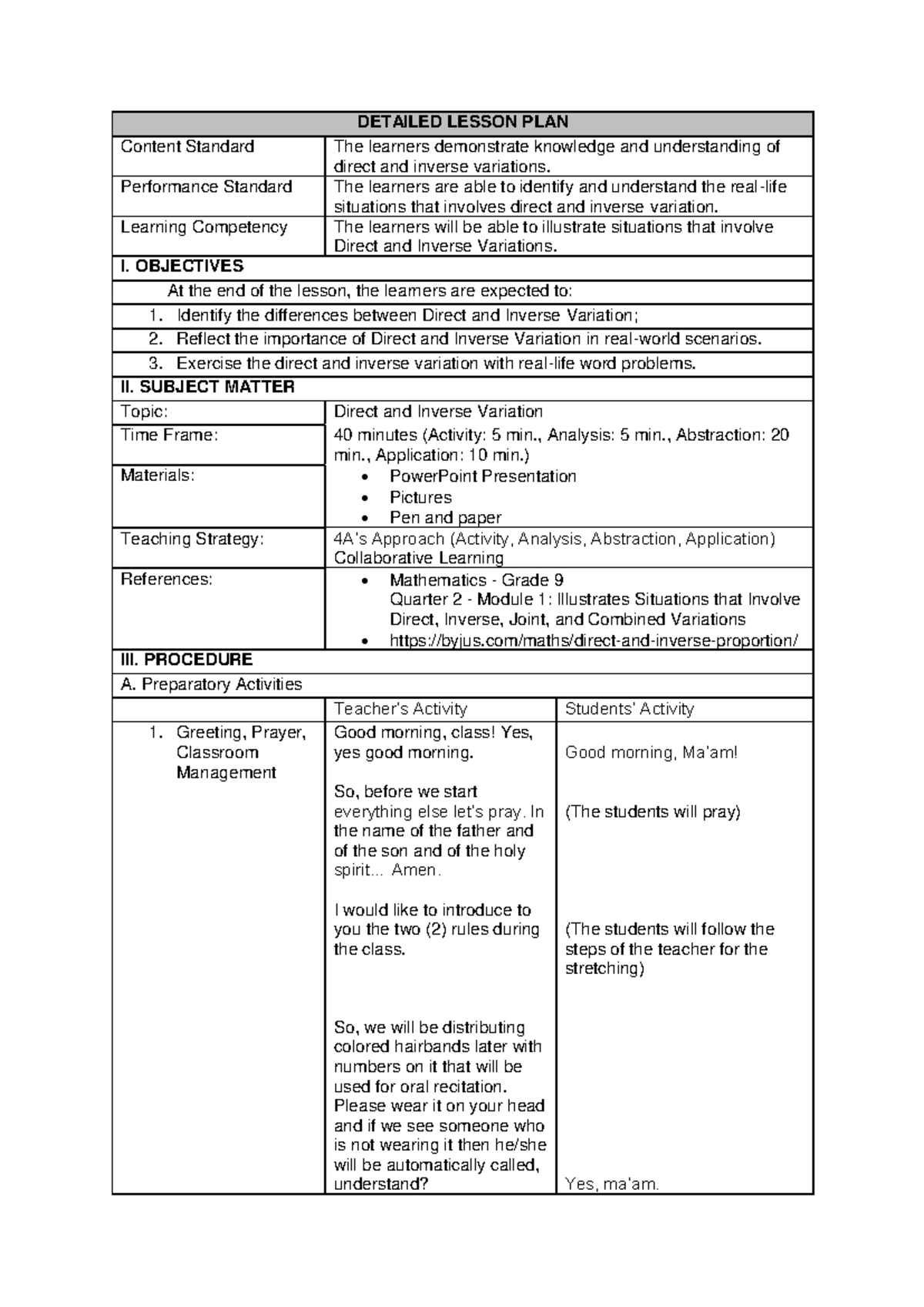 Detailed Lesson Plan: Direct and Inverse Variations (Math 9) - Studocu