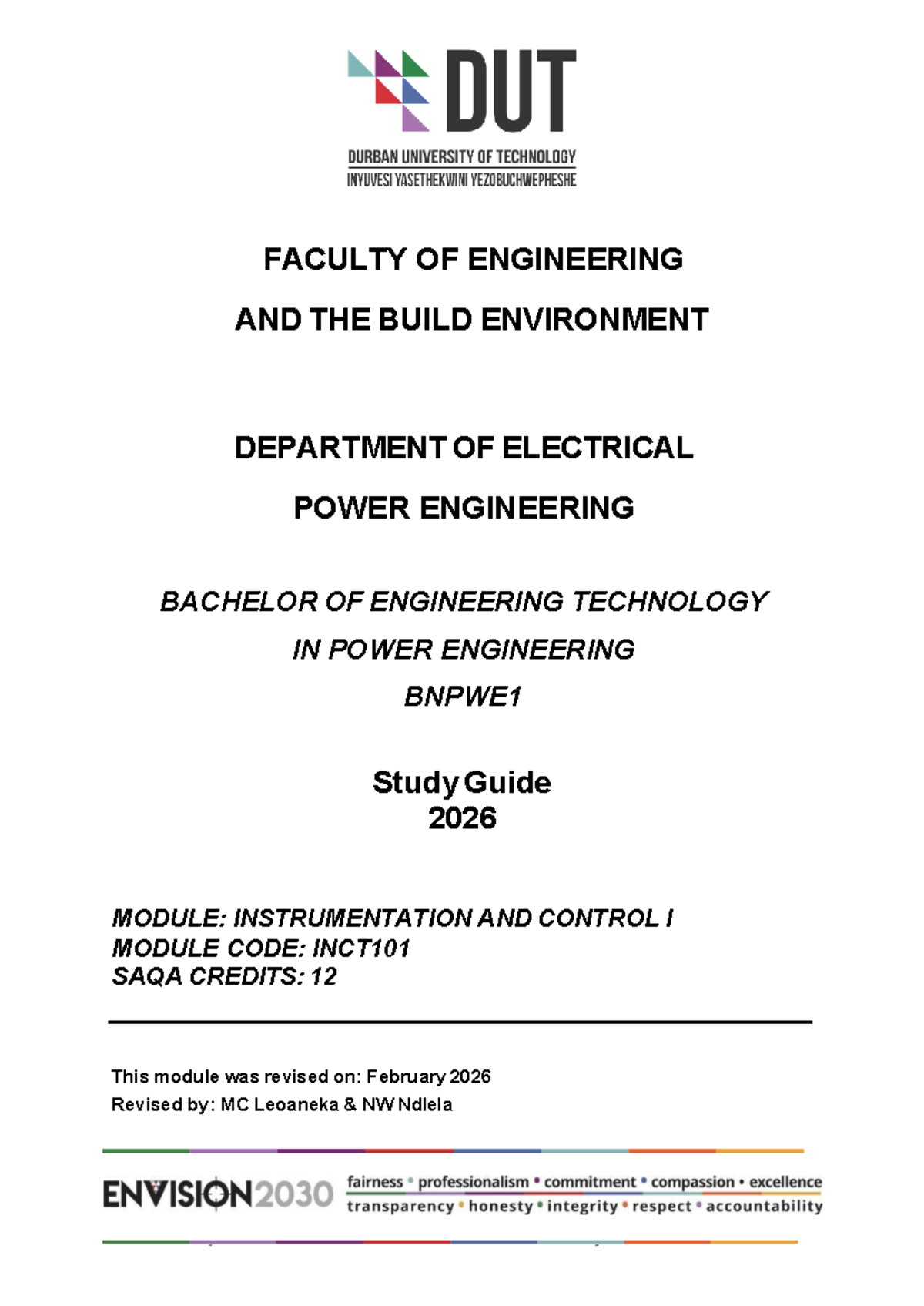 Study Guide for INCT101: Instrumentation and Control I - Studocu