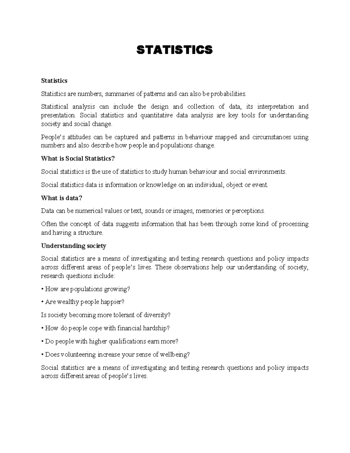 STATISTICS Social Statistics Notes: Understanding Data & Society - Studocu