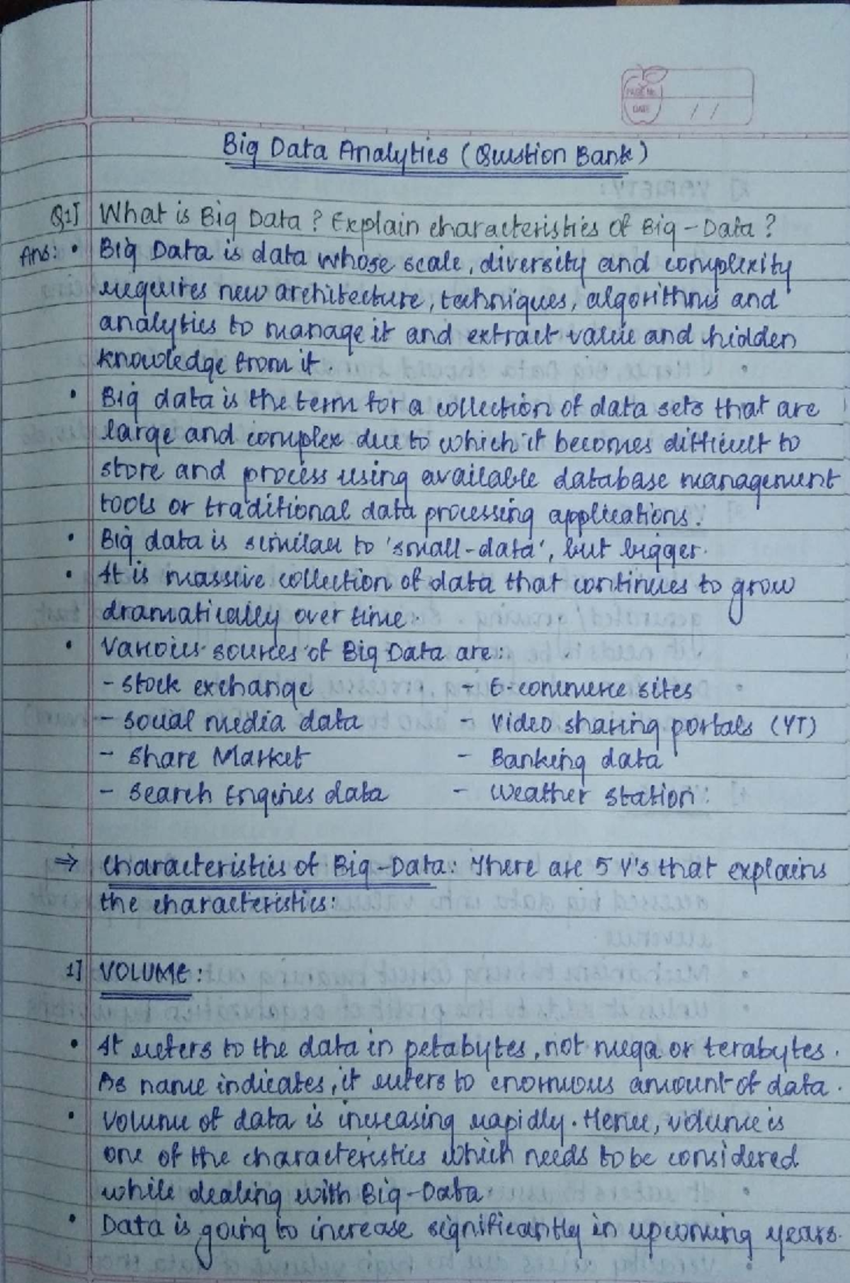 Sol BDA QB TT1 🎗 - BDA handwritten - PAGE NO DATE Big Data Analyties ...