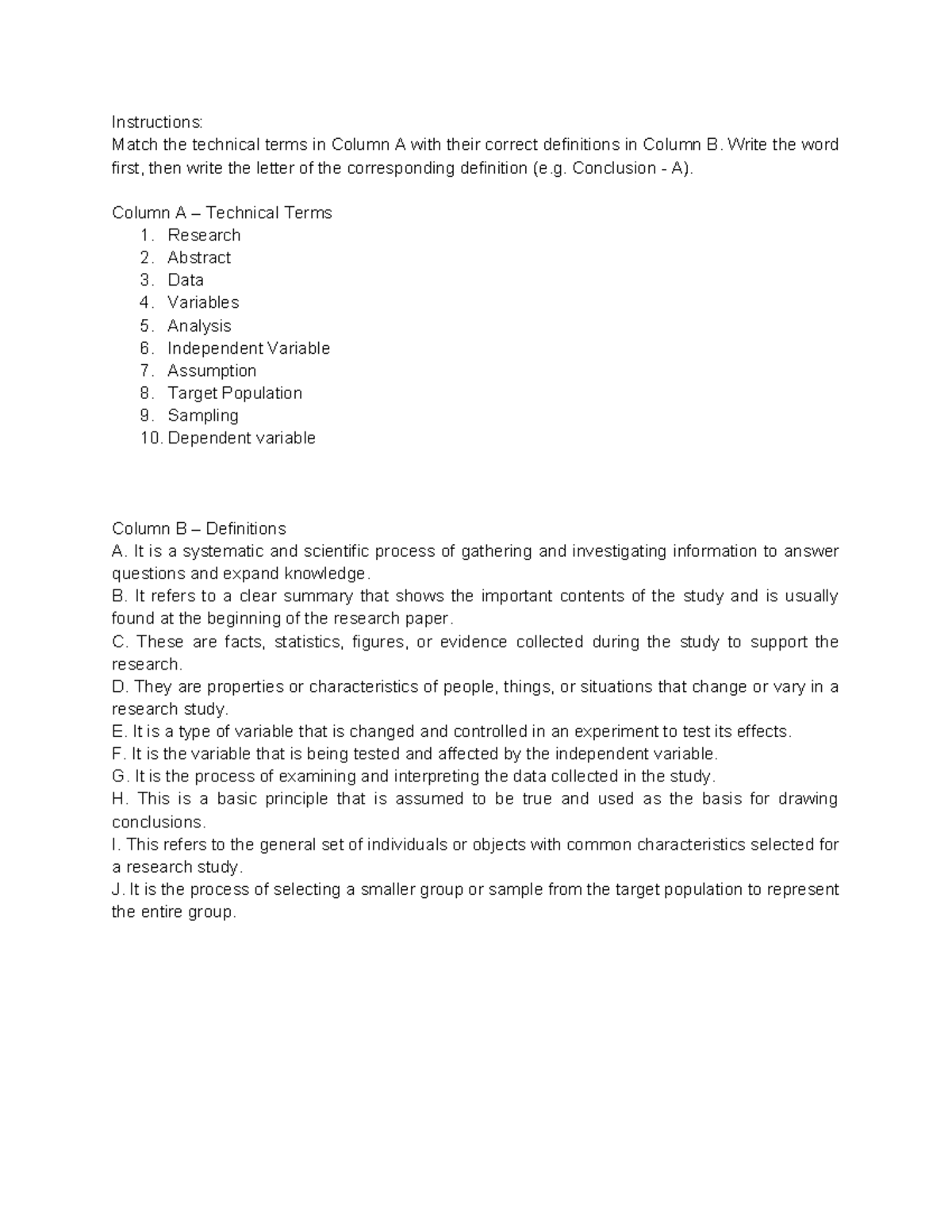 Activity 1: Matching Technical Terms and Definitions - Studocu