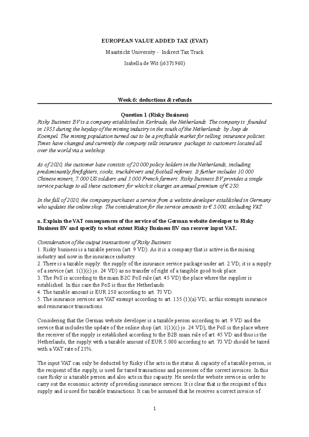 EVAT Week 1: Intro to EU VAT Principles & Taxable Transactions Analysis -  Studeersnel