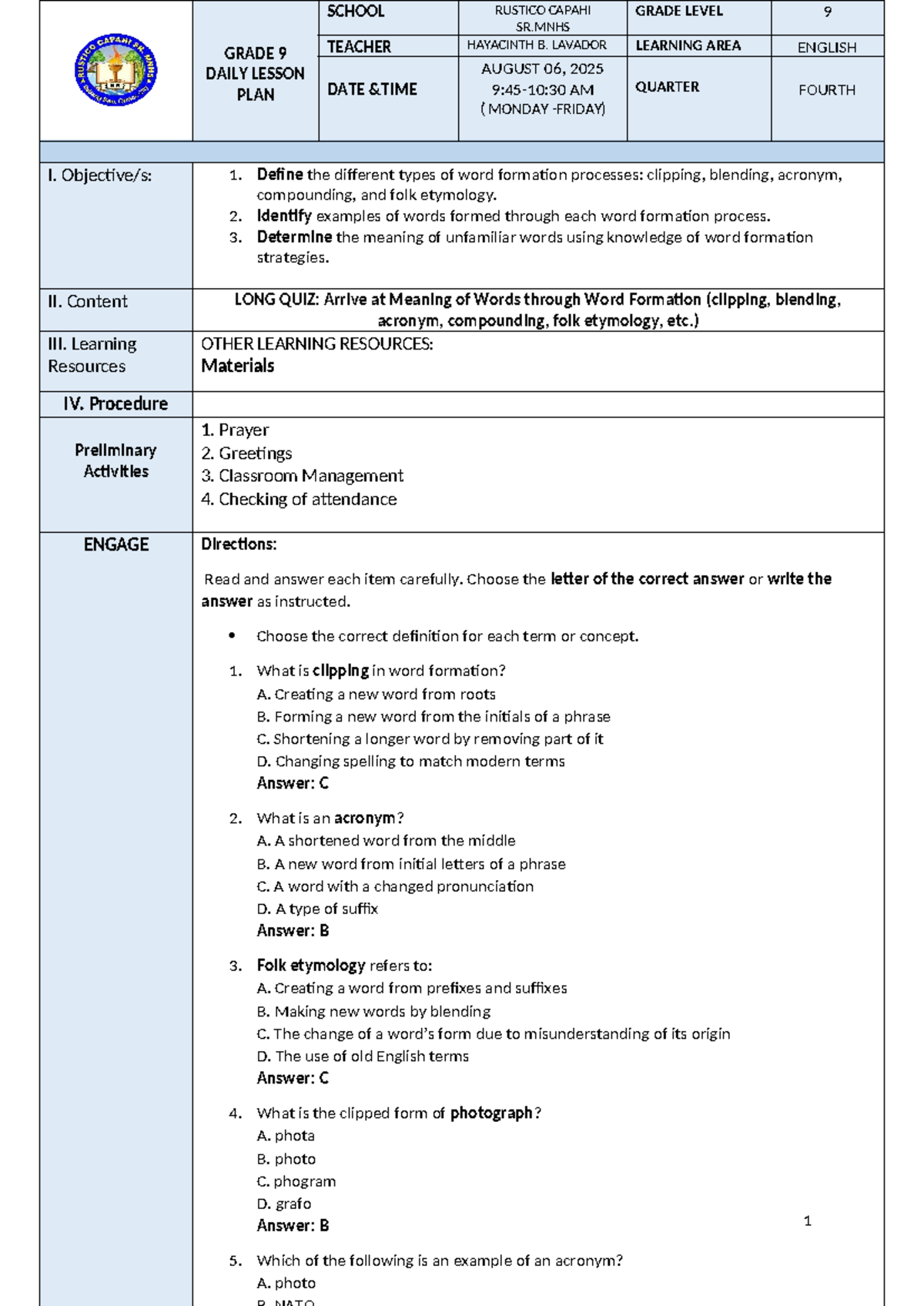 Grade 9 English Lesson Plan: Word Formation Processes (Aug 2025) - Studocu