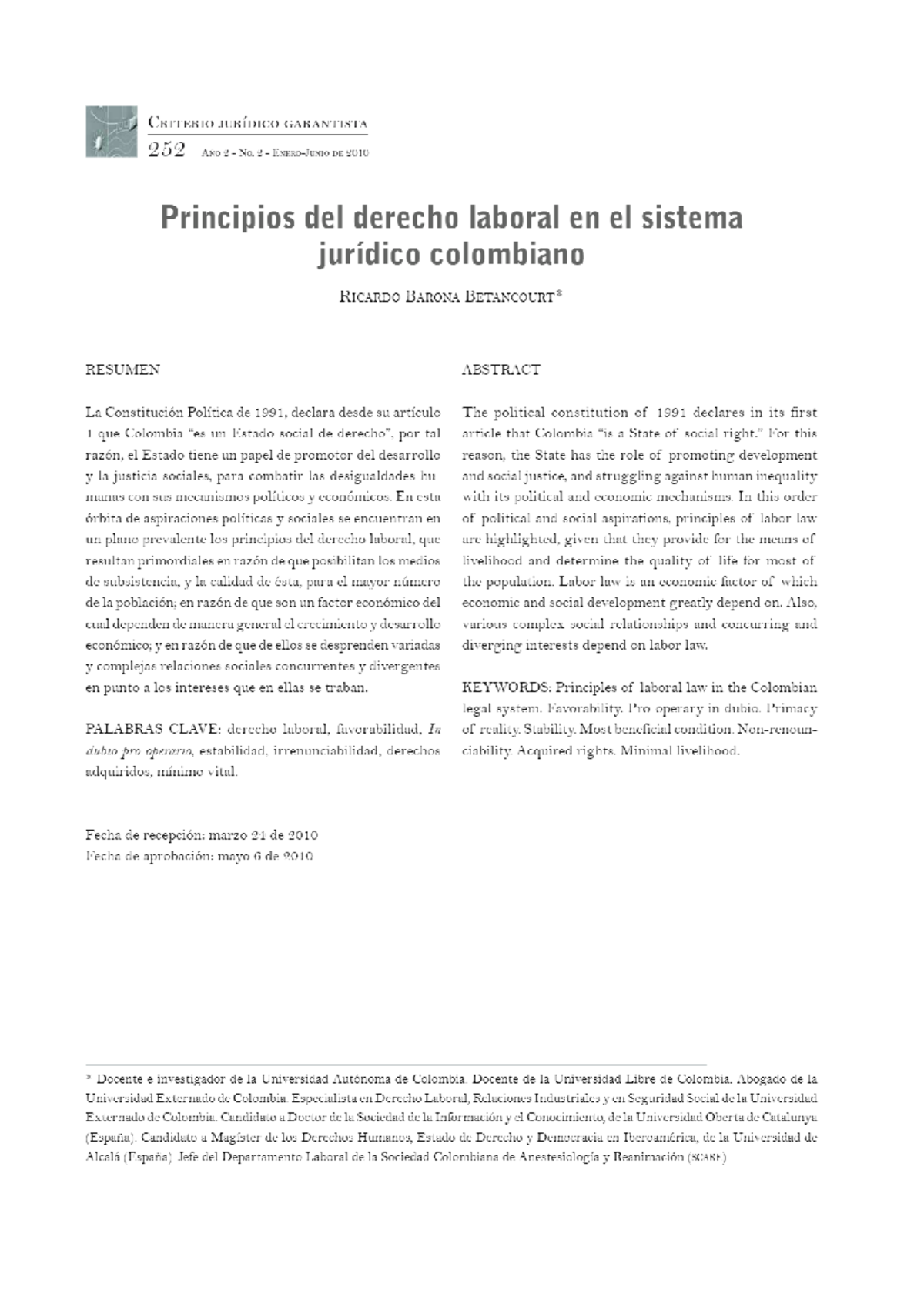 Principios del Derecho Laboral en el Sistema Jurídico Colombiano ...