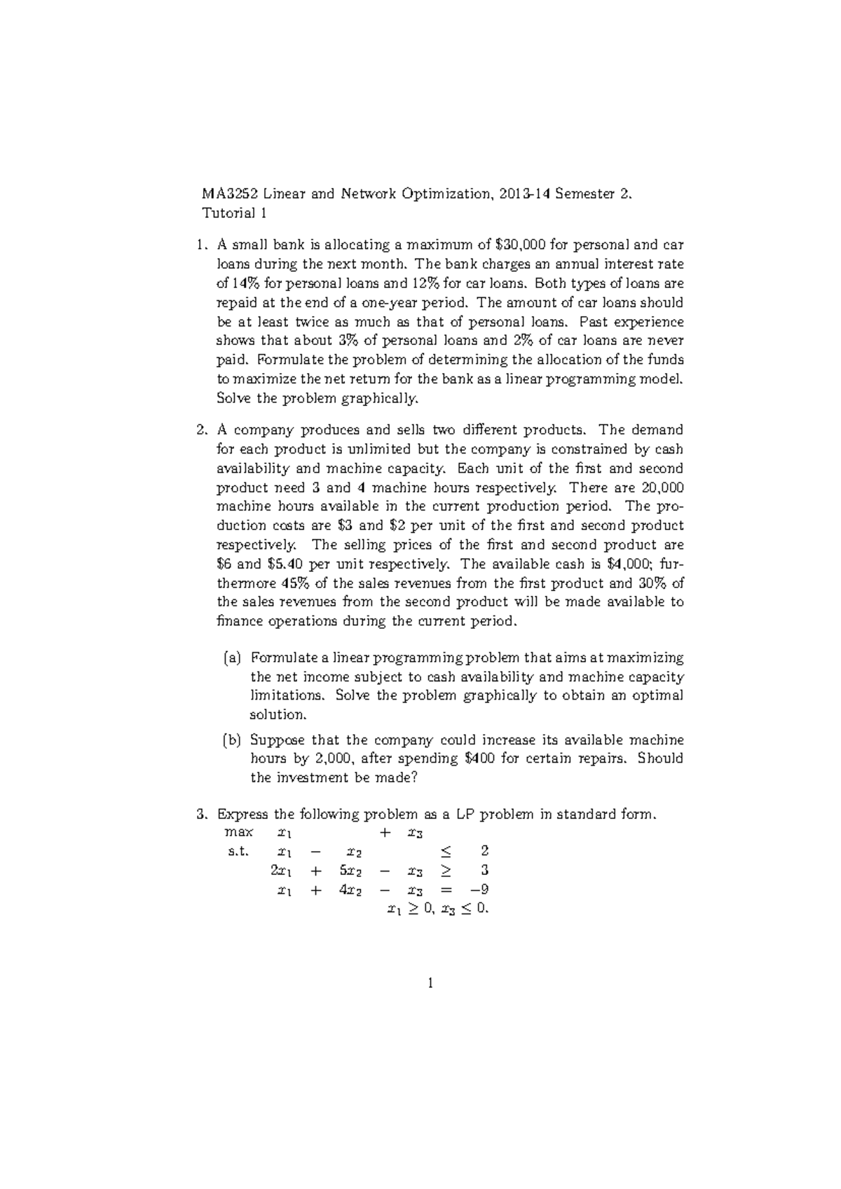 MA3252 Linear & Network Optimization: Tutorial 1 Solutions - Studocu
