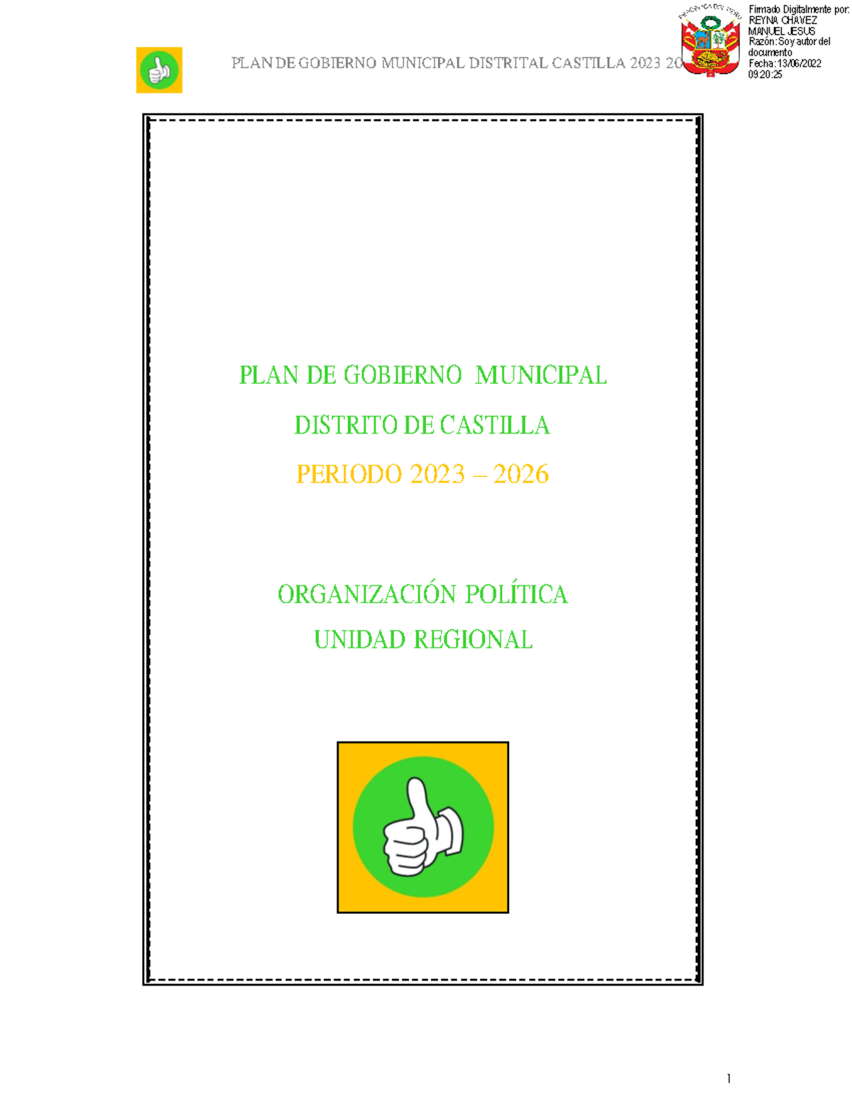 Plan de Gobierno Municipal Distrital Castilla 2023-2026: Estrategia y Desarrollo - Document Preview