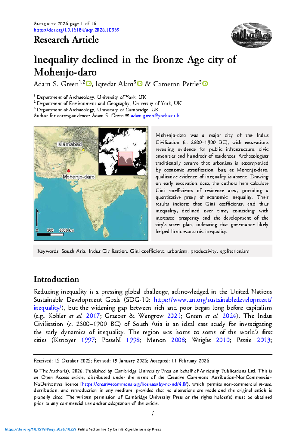 Inequality Decline in the Bronze Age City of Mohenjo Daro: A Gini ...