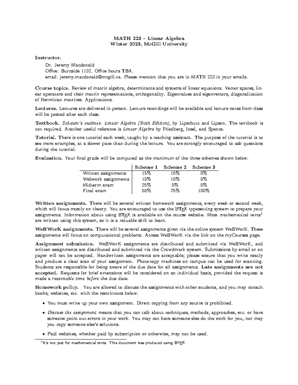 Math 223 - Linear Algebra Syllabus Winter 2023 Overview - Studocu