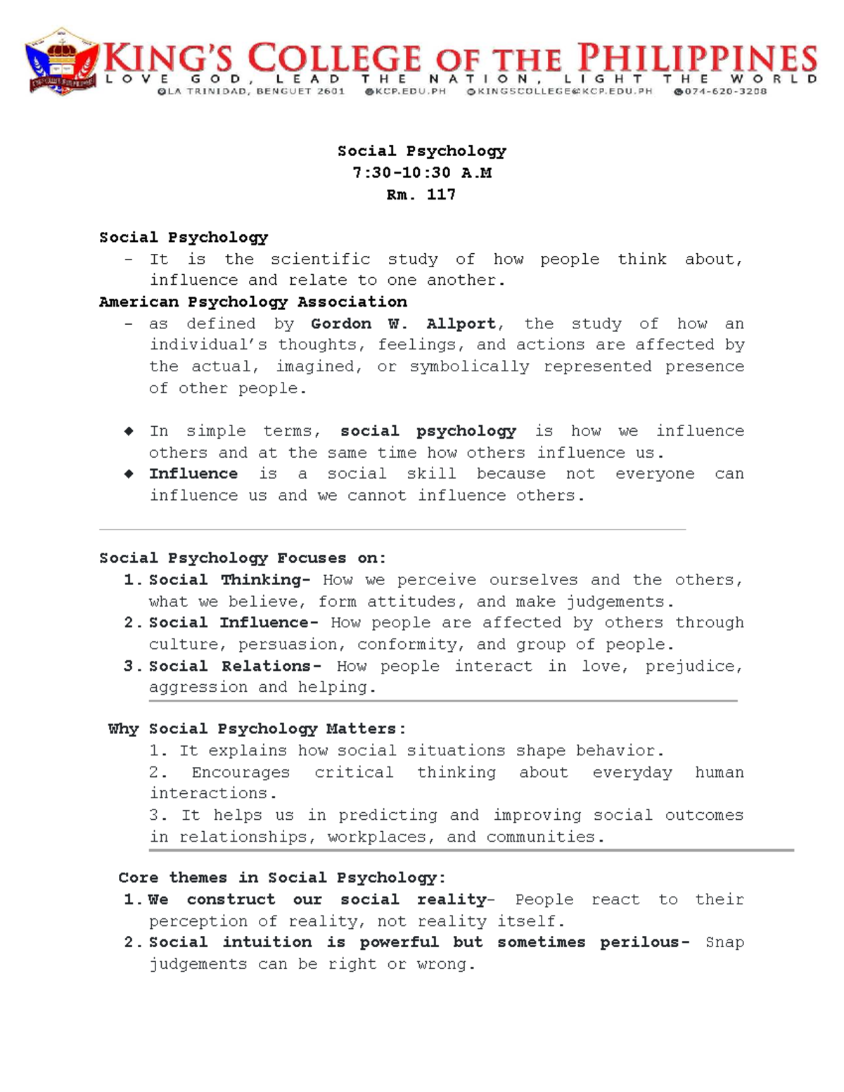 Social Psychology Overview: Key Concepts and Research Methods (HO-1 ...