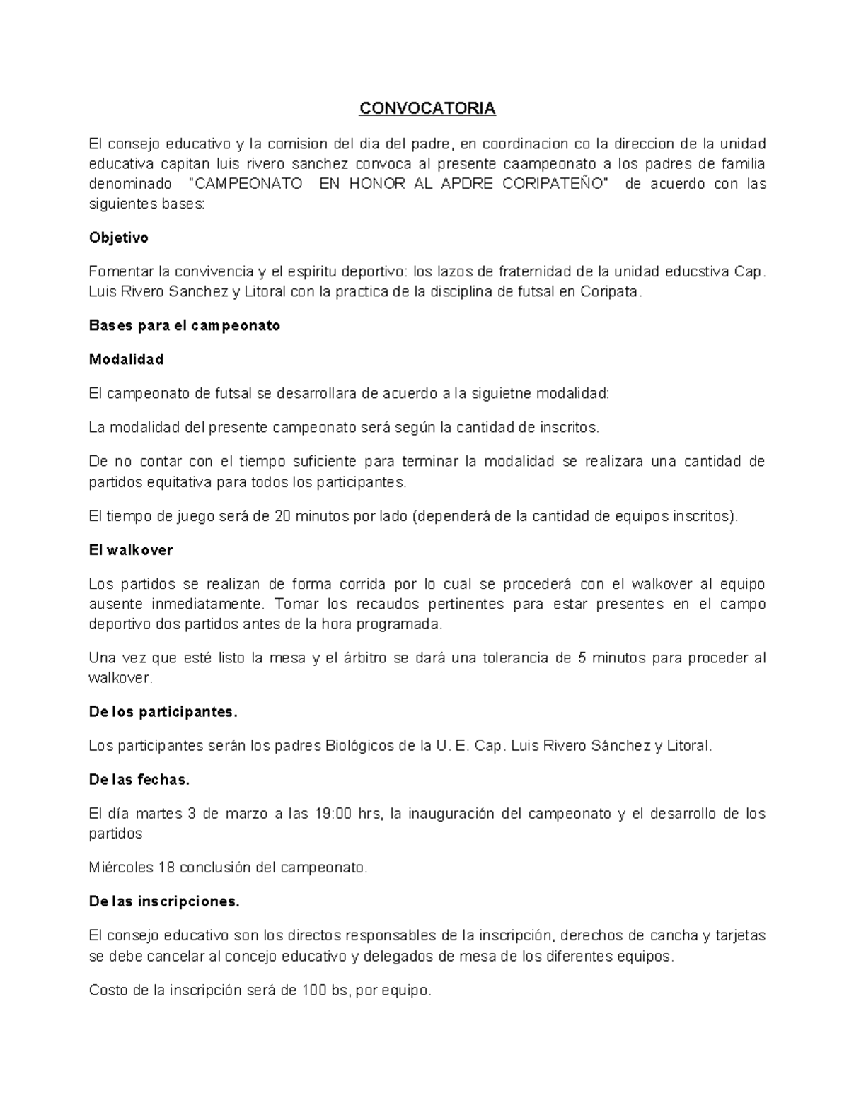 Convocatoria Campeonato de Futsal para Padres - U.E. Cap. Luis Rivero ...
