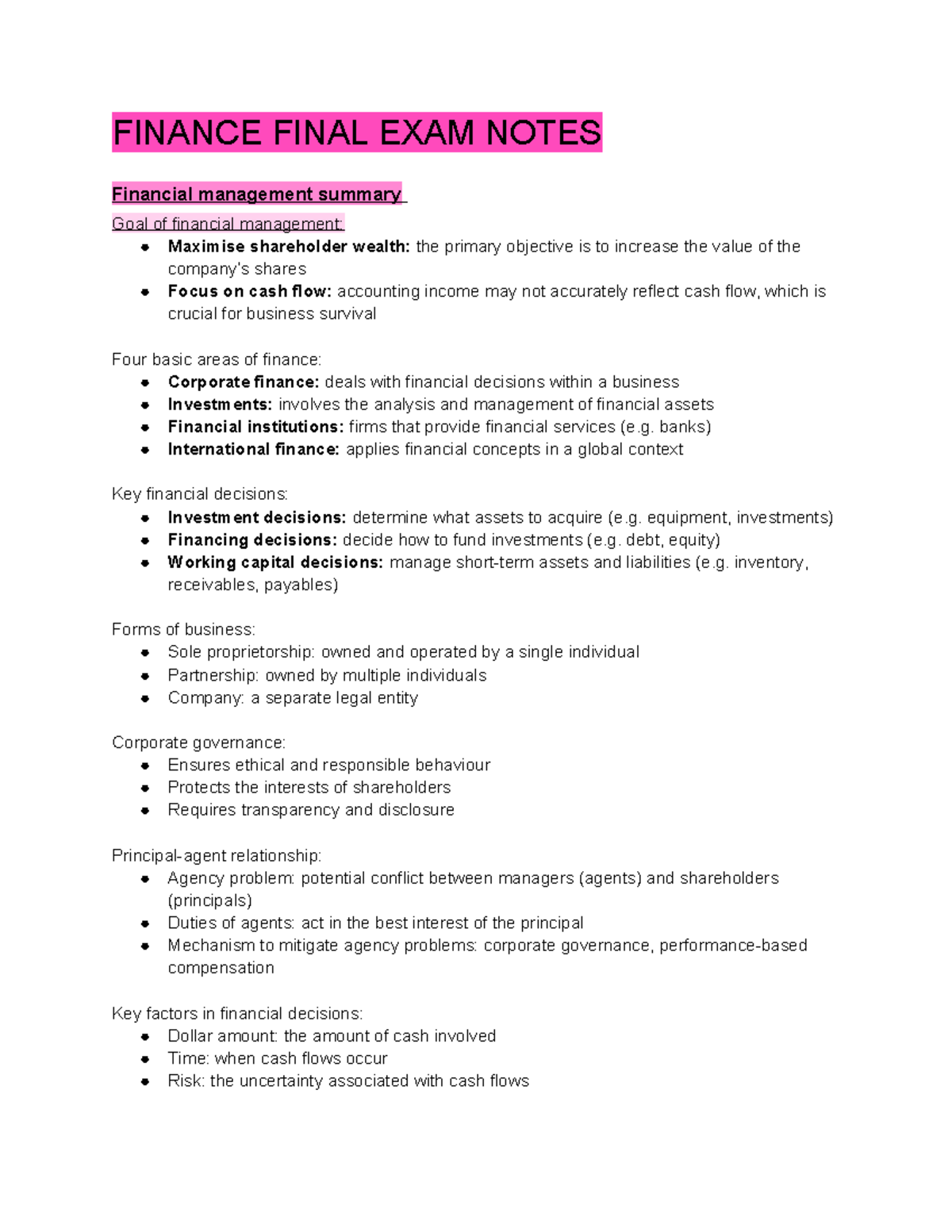 FINANCE 101 FINAL EXAM NOTES: Key Concepts & Summary - Studocu