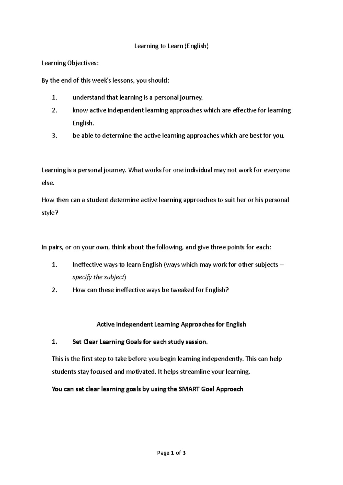 Active Independent Learning Approaches for English (ENG 101) - Studocu