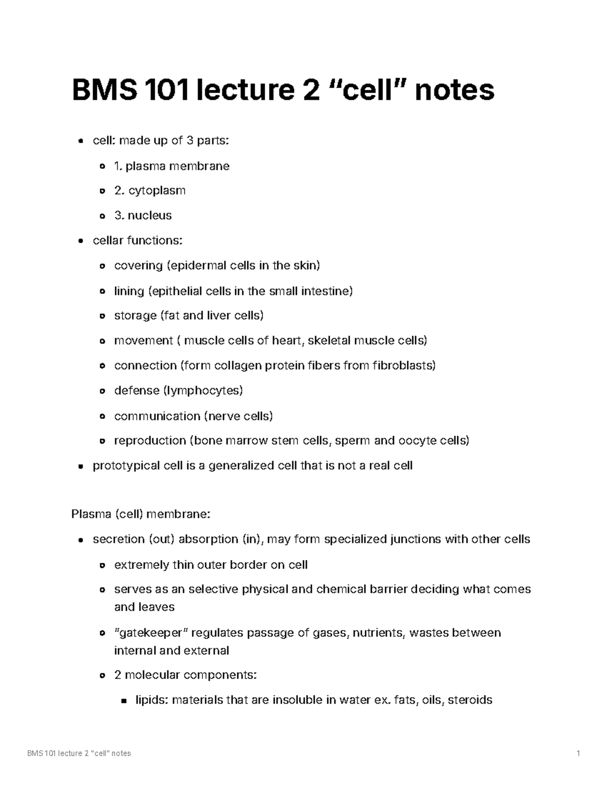 BMS 101 Lecture 2 Notes: Cell Structure and Functions Overview - Studocu