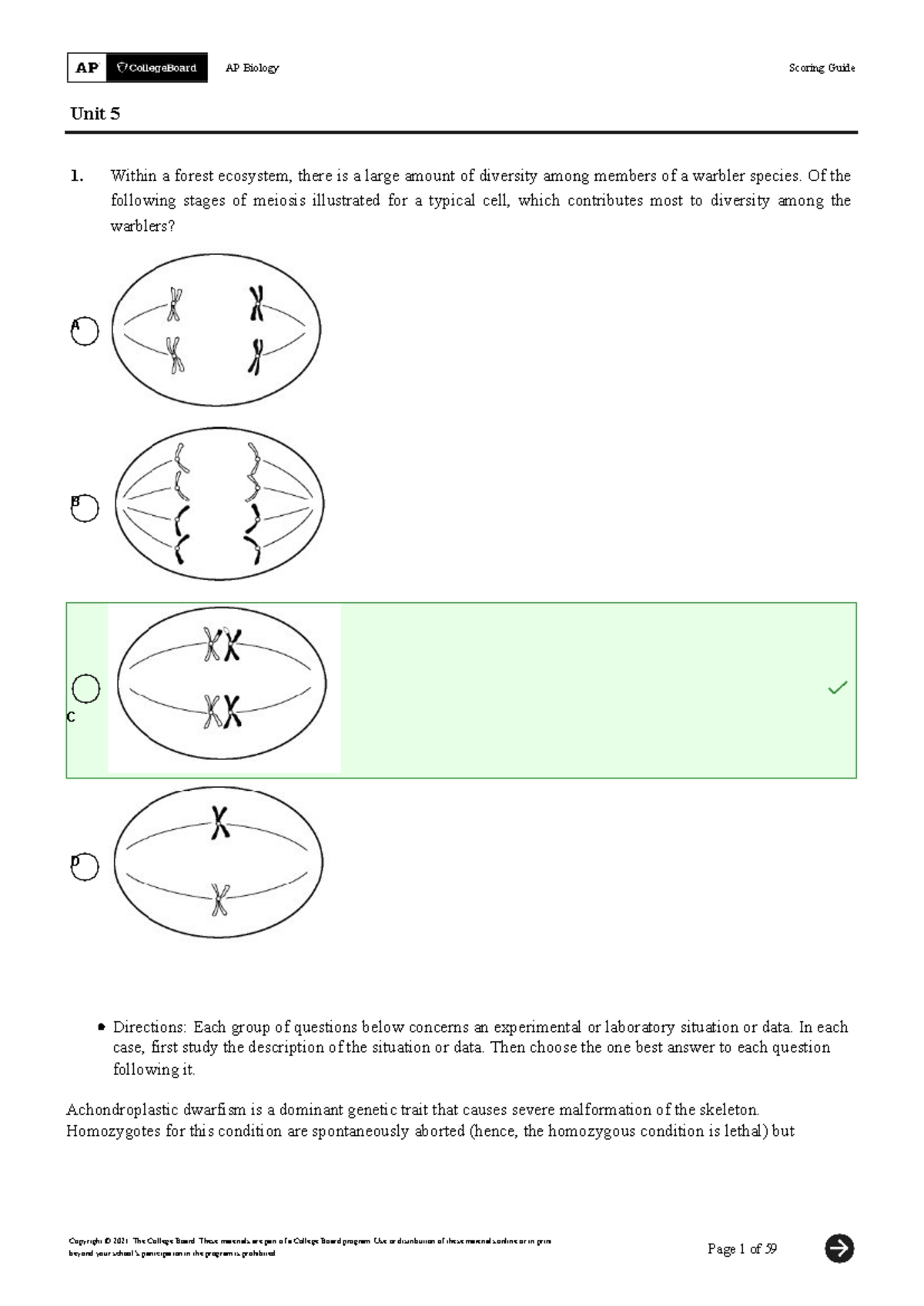 AP Biology Unit 5 Multiple Choice Questions Scoring Guide - Studocu
