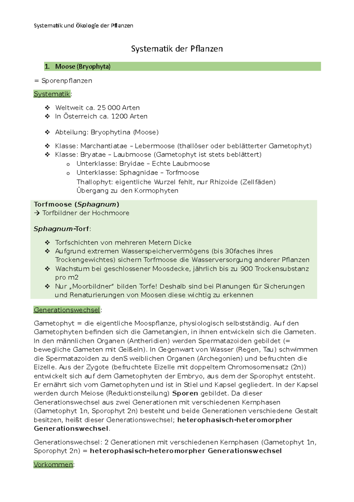 Systematik der Pflanzen: Moose, Farne und Samenpflanzen berblick - Studocu