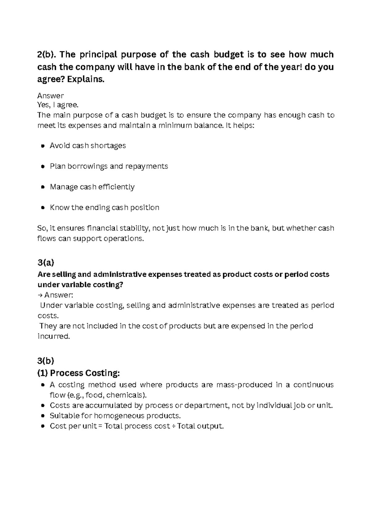 Cash Budget & Costing Methods: Key Financial Insights (2b) - Studocu