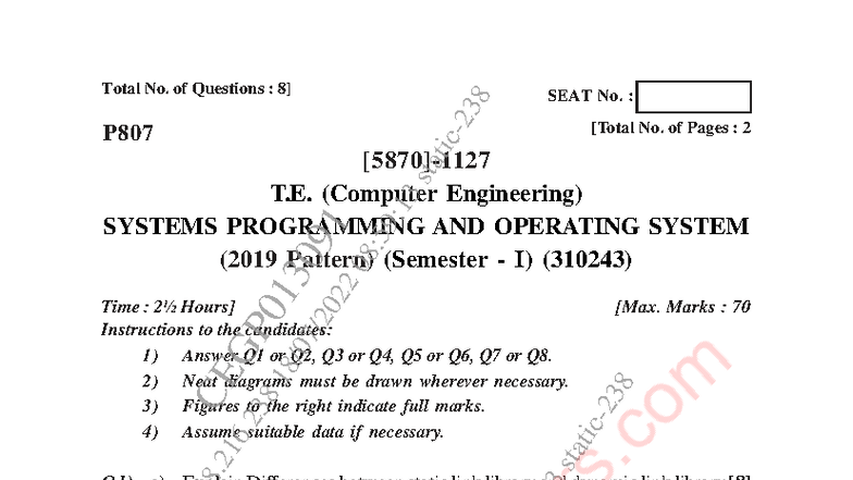 BE Computer Engineering Sem 5 2022 May Systems Programming & OS (310243 ...