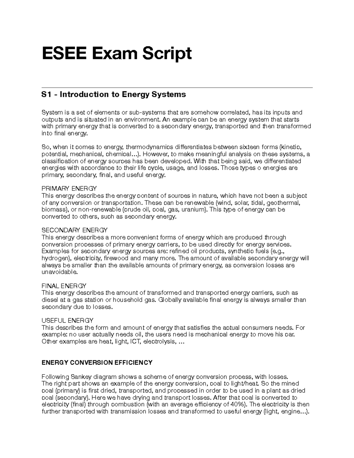 ESEE Exam Script: Comprehensive Summary of Energy Systems Concepts ...