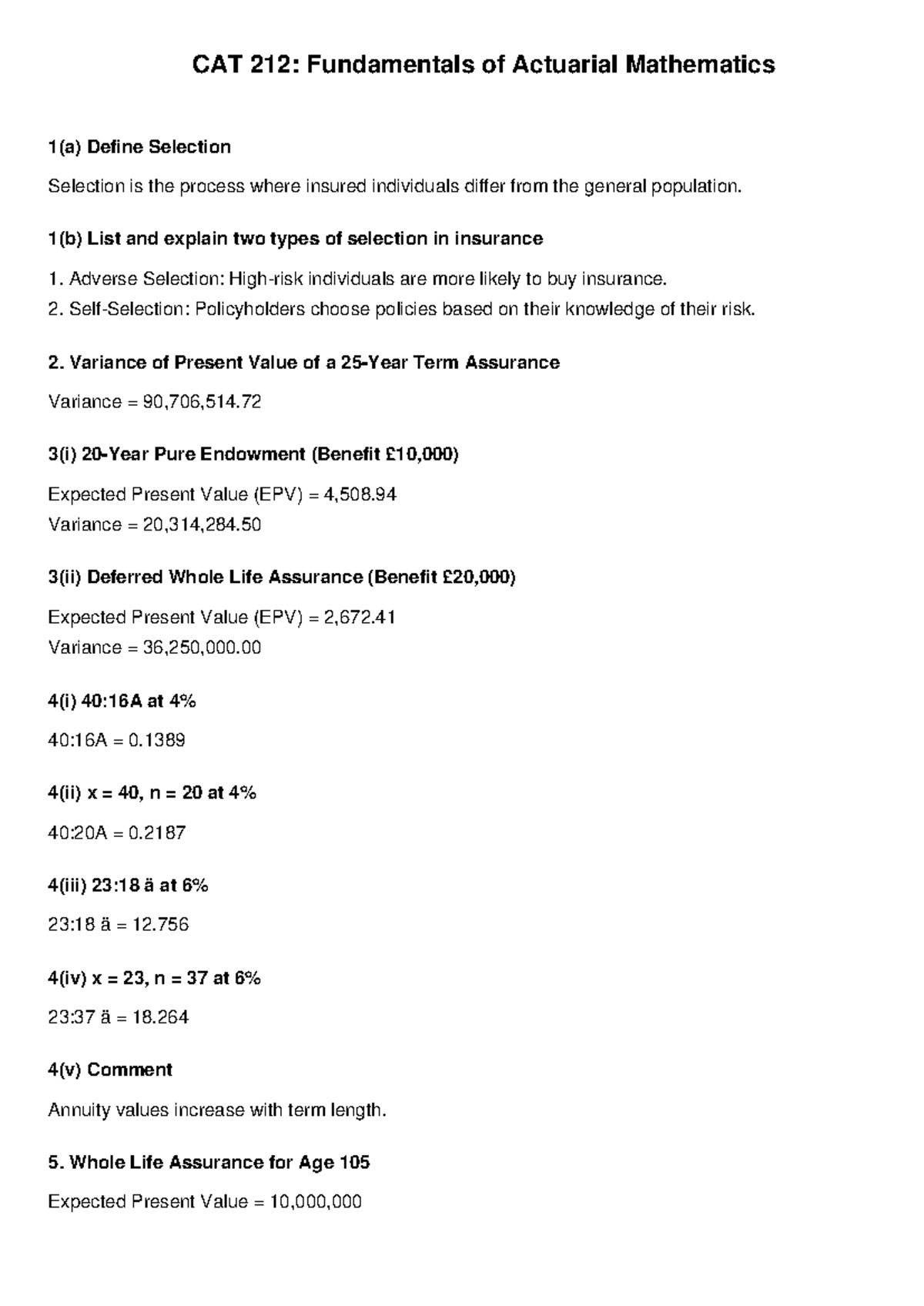CAT 212: Final Exam Notes on Fundamentals of Actuarial Mathematics ...