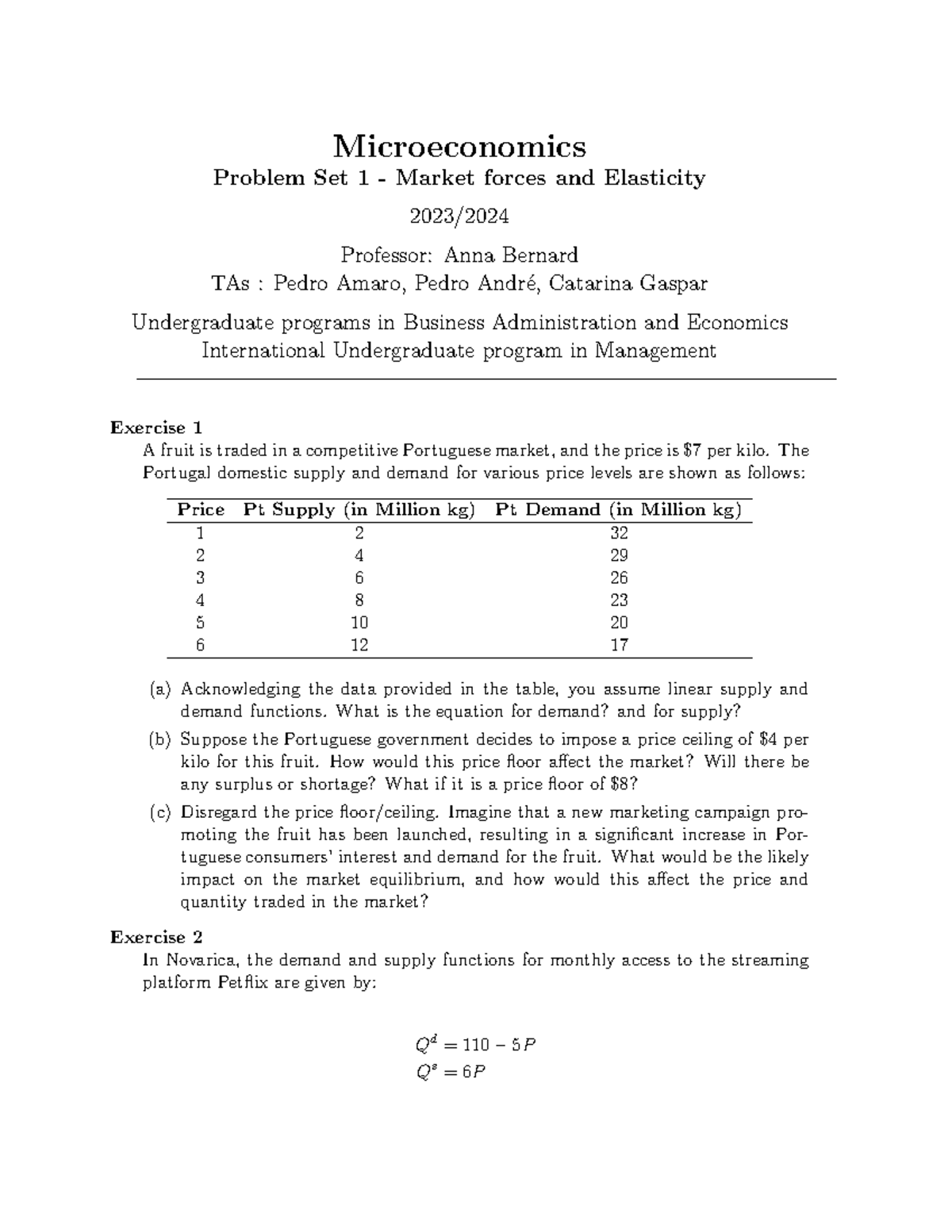 PS1 Microeconomics Problem Set 1 - Market Forces & Elasticity (2023 ...