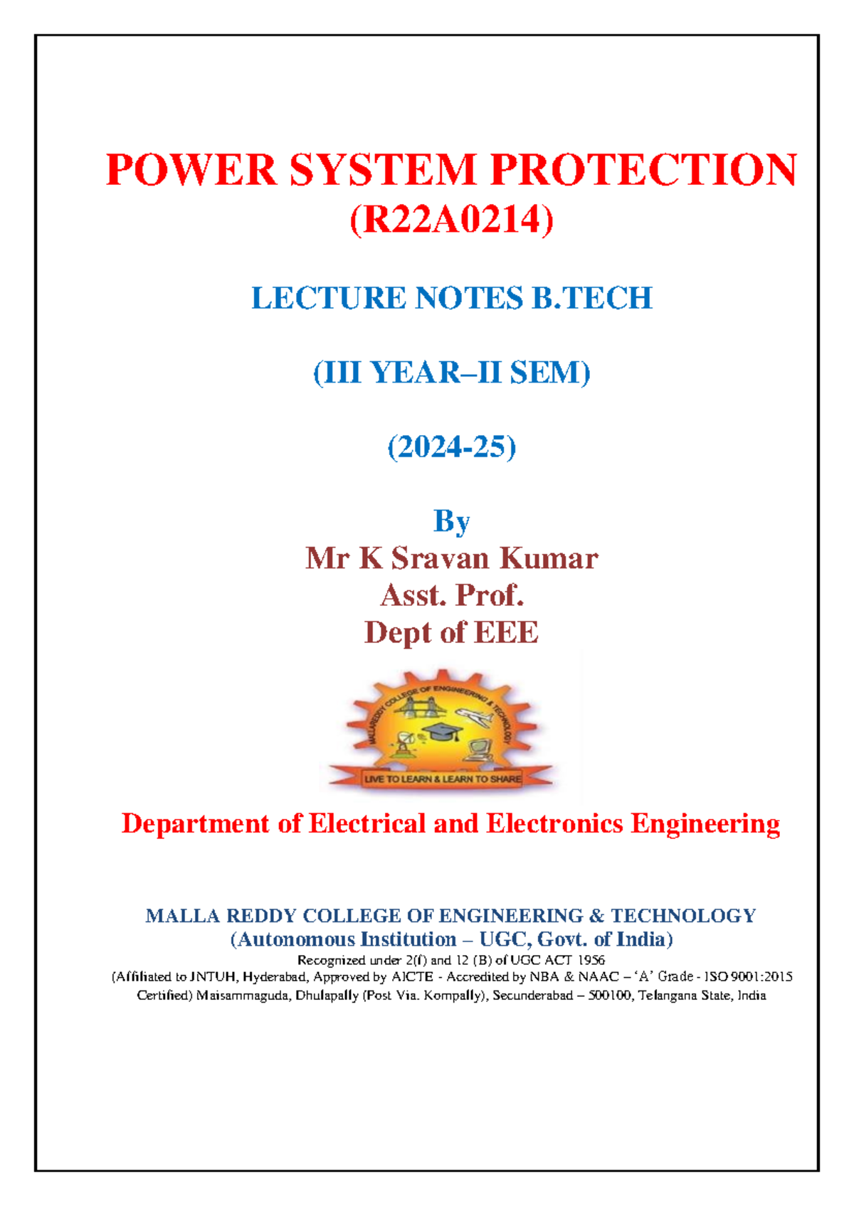 Power System Protection (R22A0214) Lecture Notes for B.Tech Sem 3 - Studocu