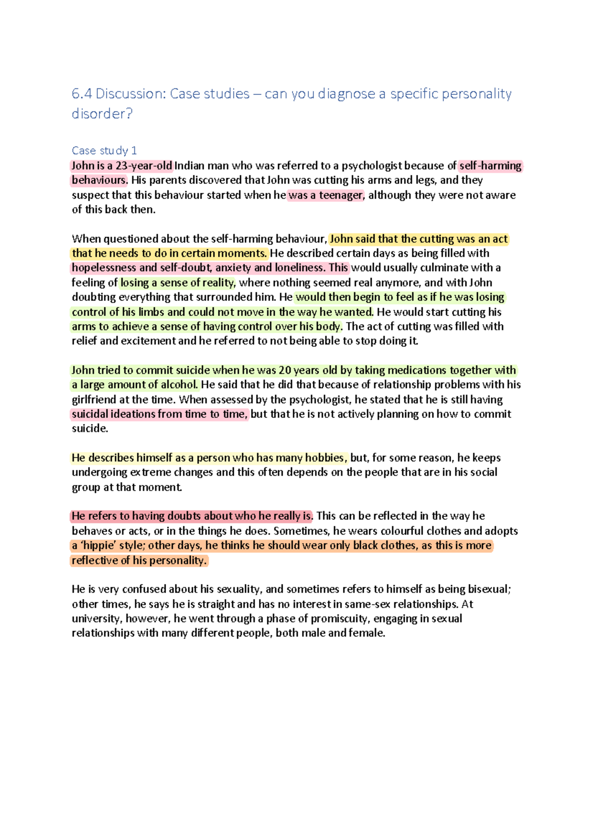 6.4 Case Study: Diagnosing Personality Disorder in John - Studocu