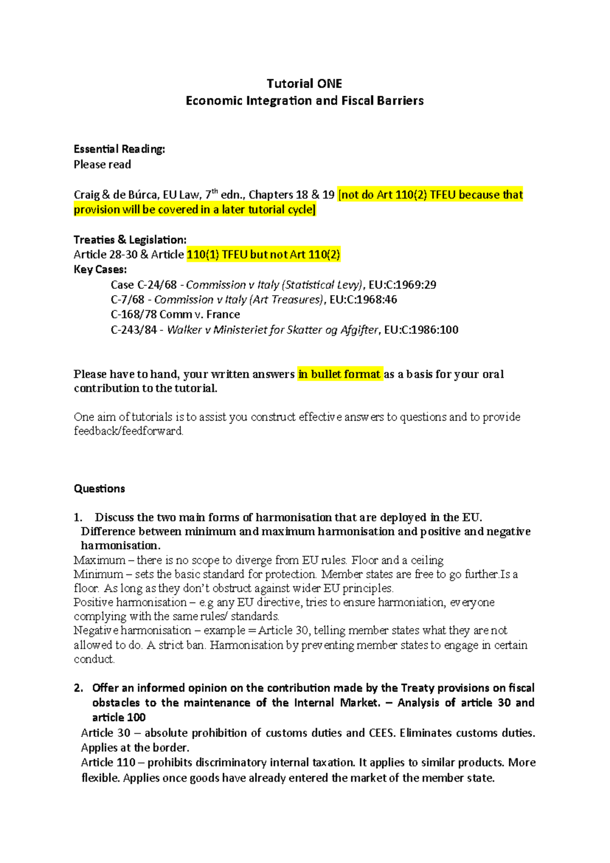 Tutorial 1 - Economic Integration & Fiscal Barriers (EU Law) - Studocu