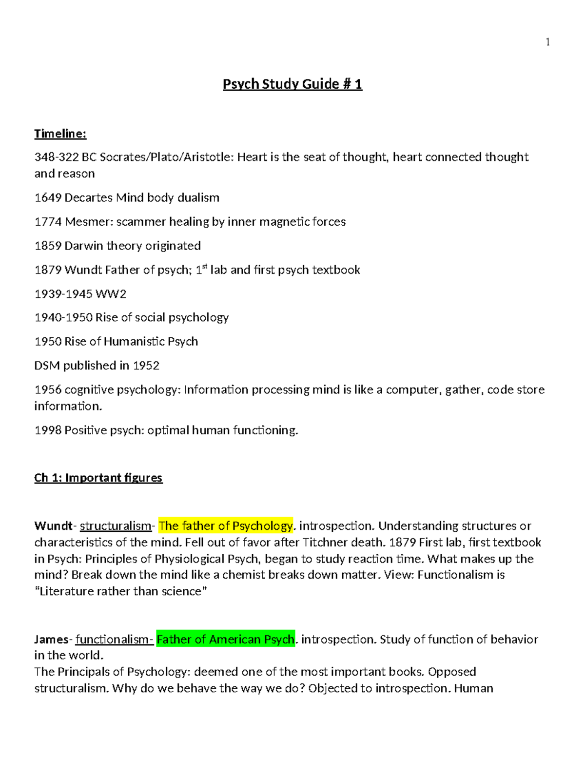 Psychology Study Guide 1: Key Concepts and Historical Timeline - Studocu