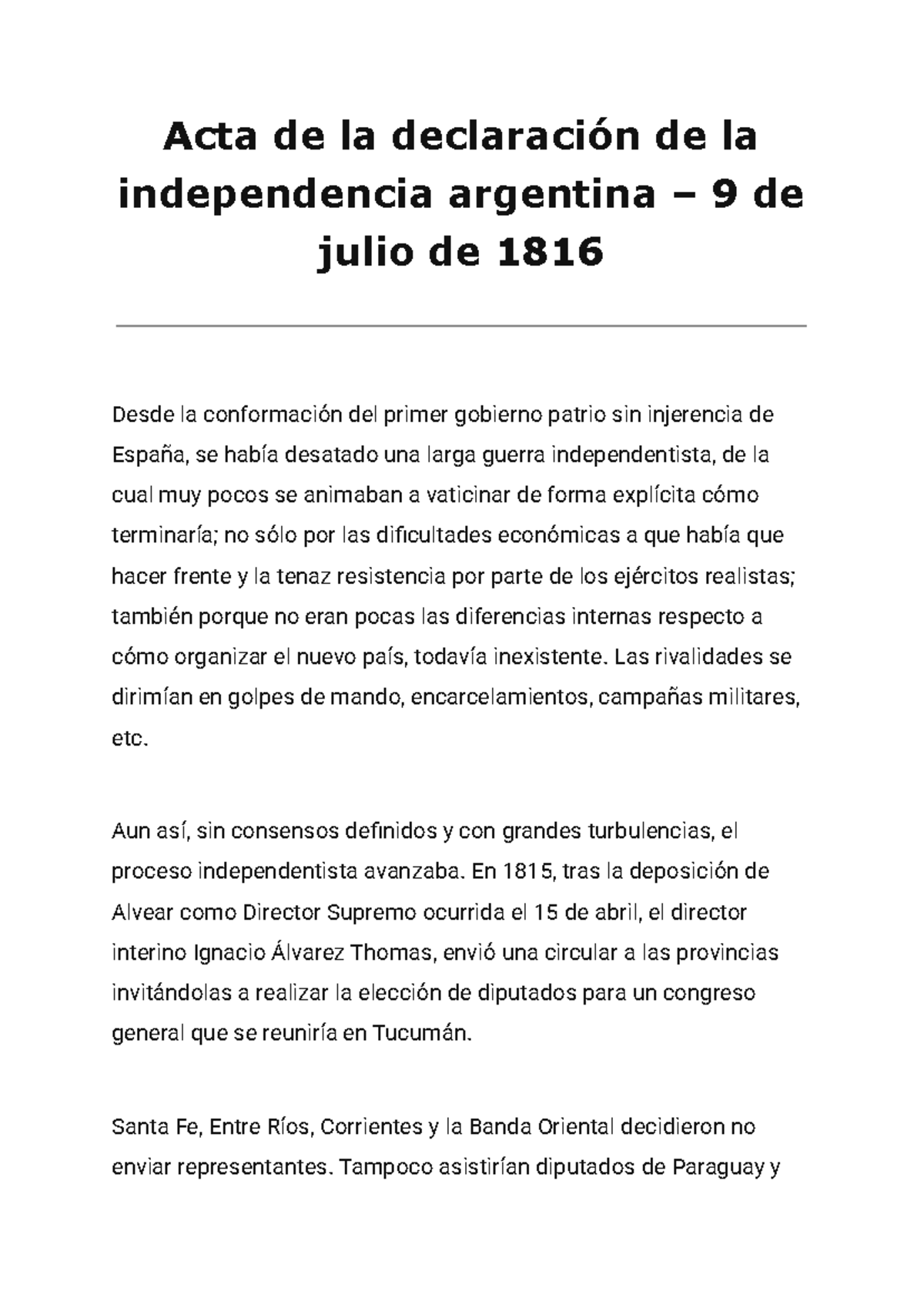 Acta de la Declaración de la Independencia Argentina - 9 de Julio de ...