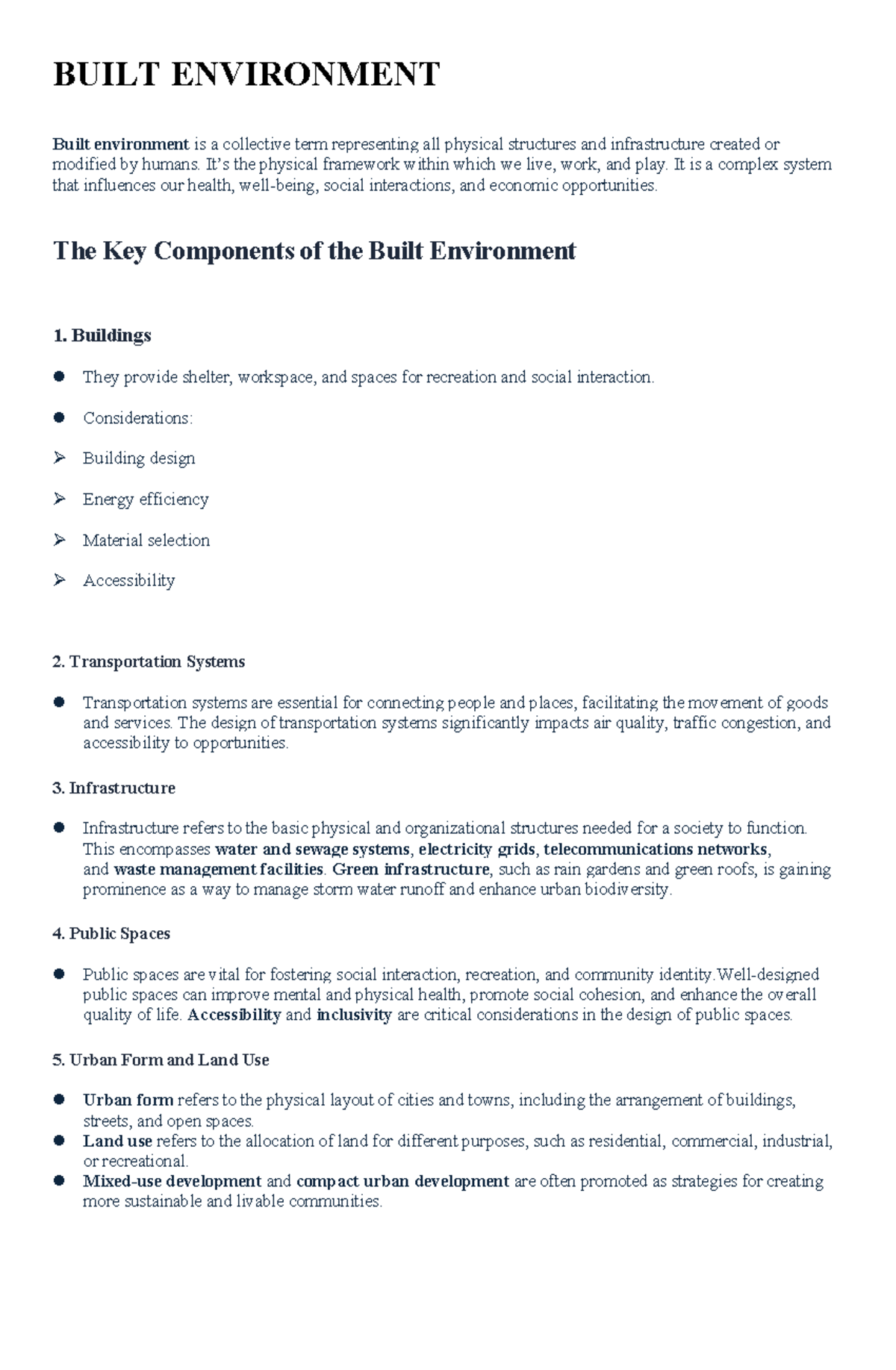 BUILT ENVIRONMENT: Key Components and Sustainability Insights - Studocu