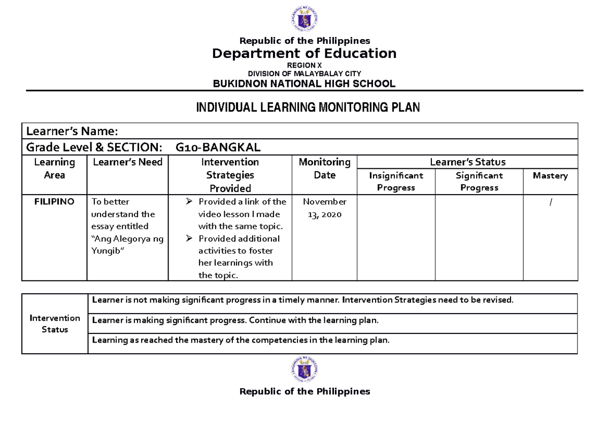 G10-BANGKAL Individual Learning Monitoring Plan Overview - Studocu