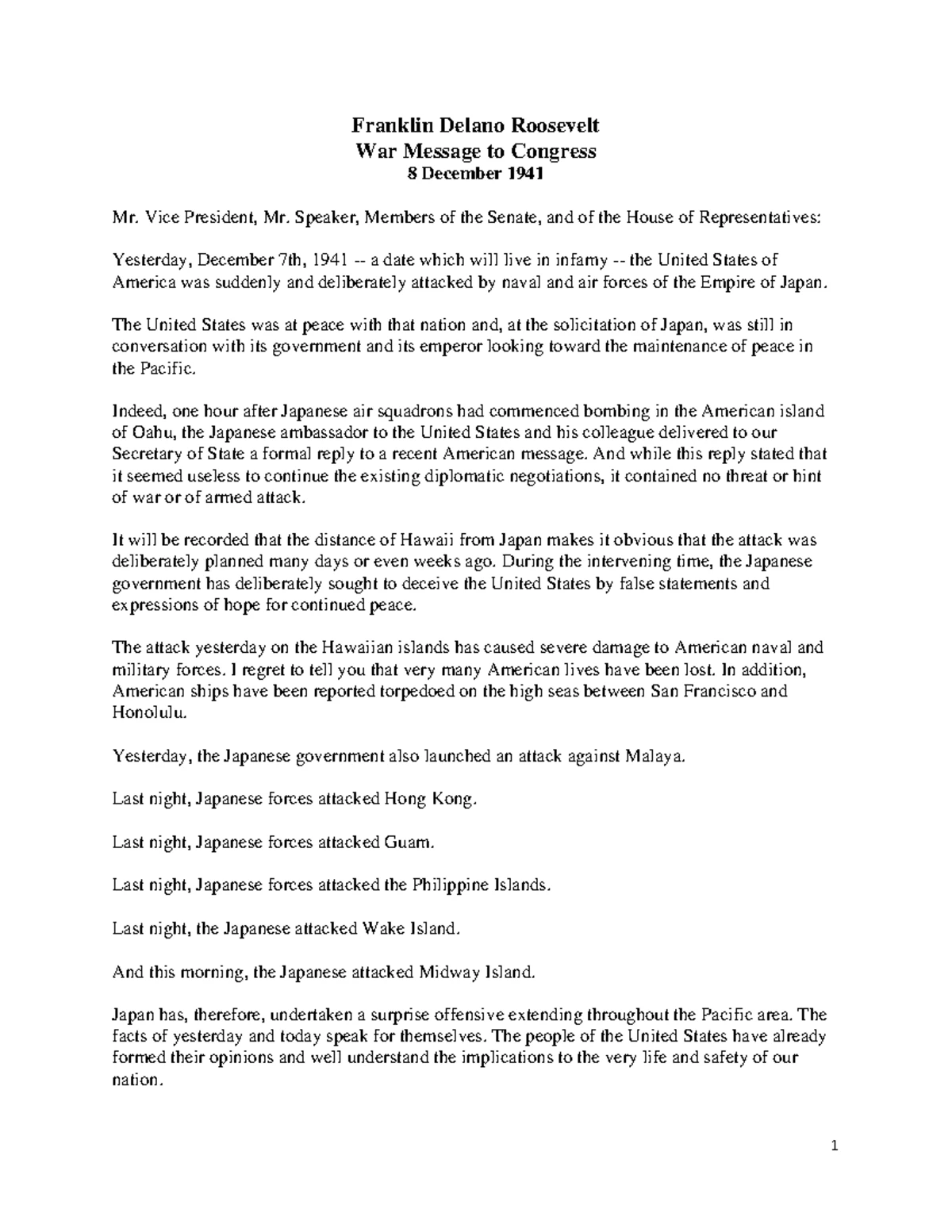 Franklin D. Roosevelt's Infamous Speech to Congress - 1941 War ...
