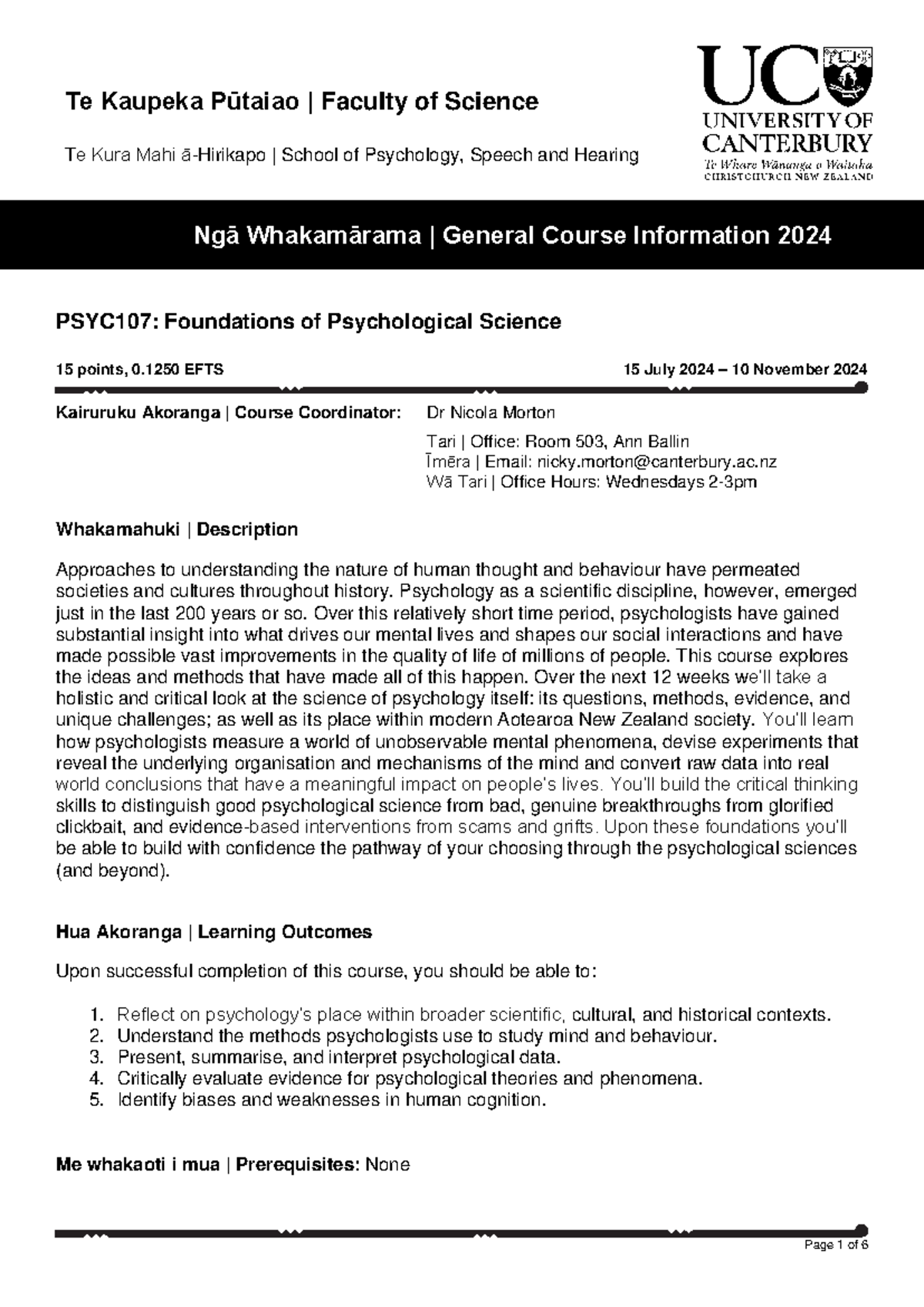 PSYC107 Course Outline 2024 Semester 2: Foundations of Psychology - Studocu