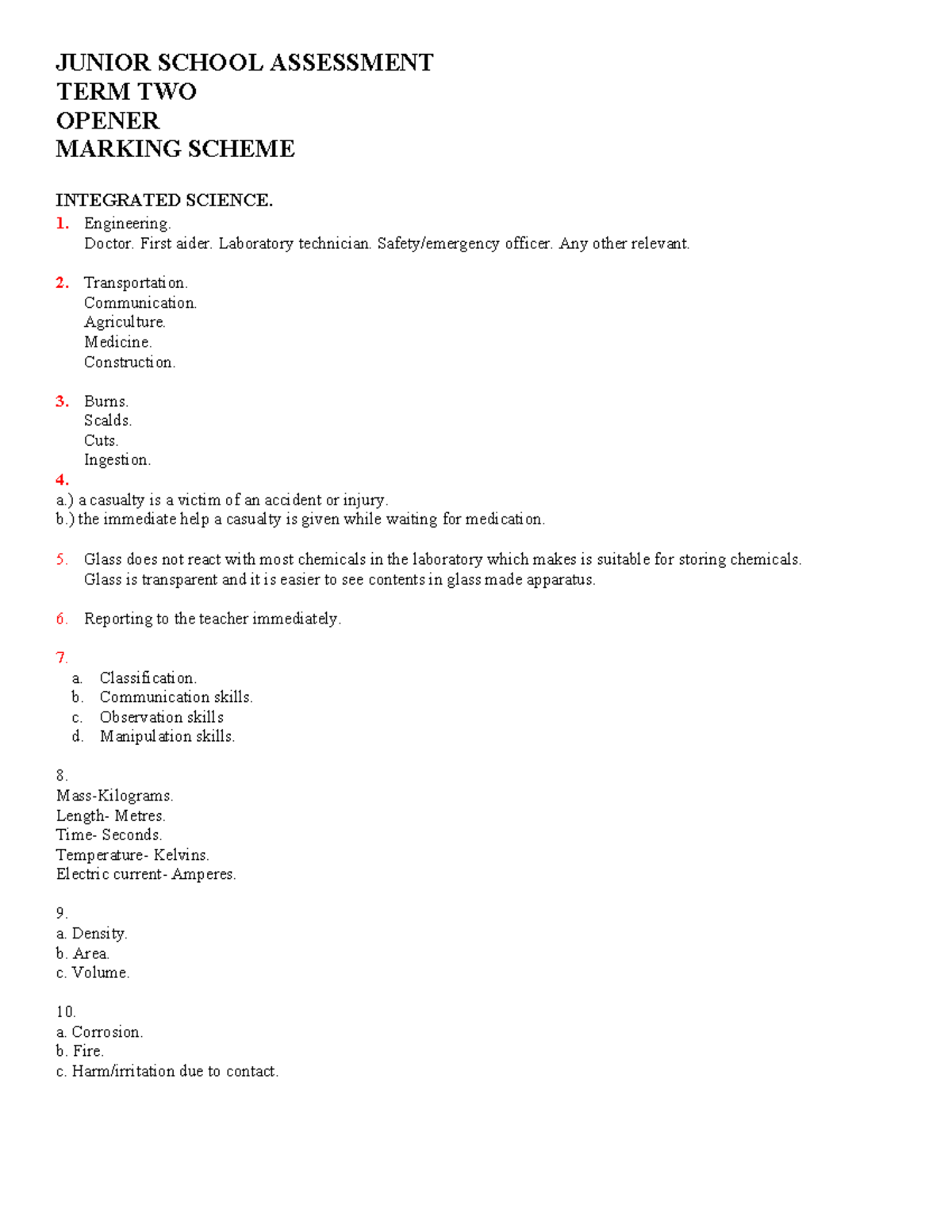 Grade 7 Integrated Science Term 2 Assessment Marking Scheme - Studocu