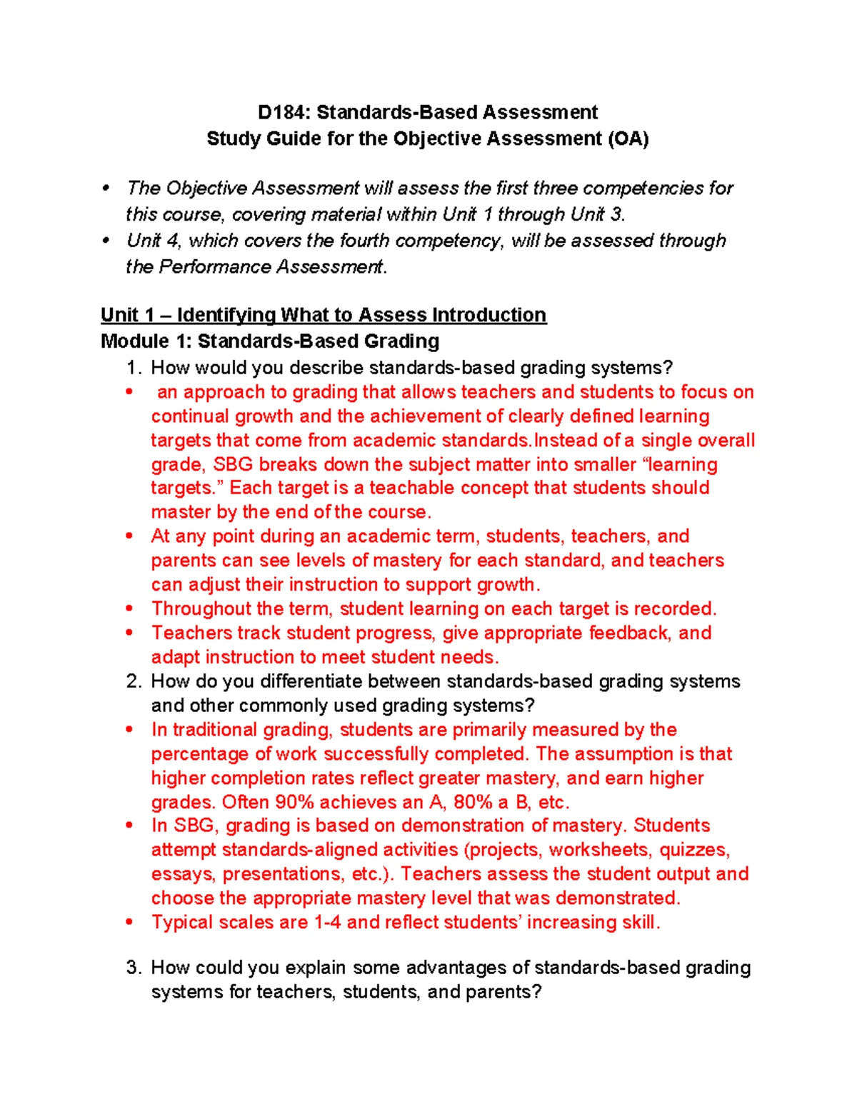 D184 Study Guide: Standards-Based Assessment for Objective Assessment ...
