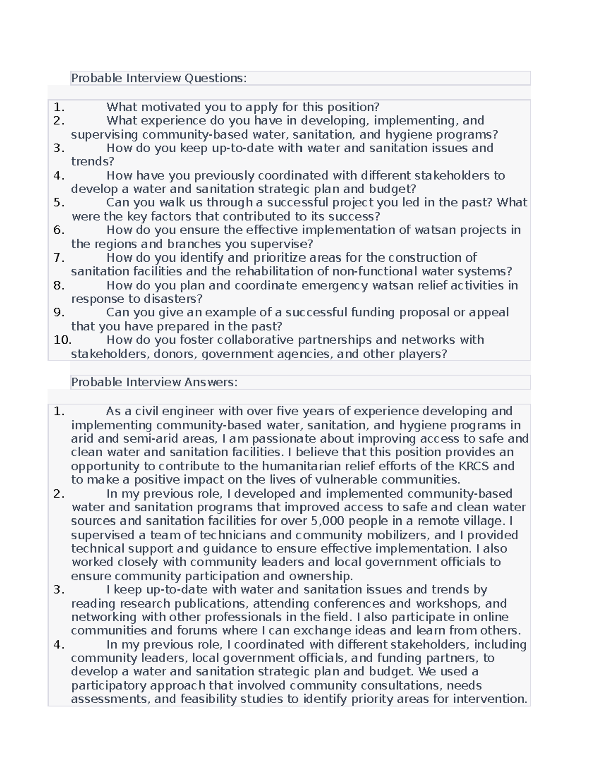WASH Interview Preparation: Common Questions & Answers Guide - Studocu