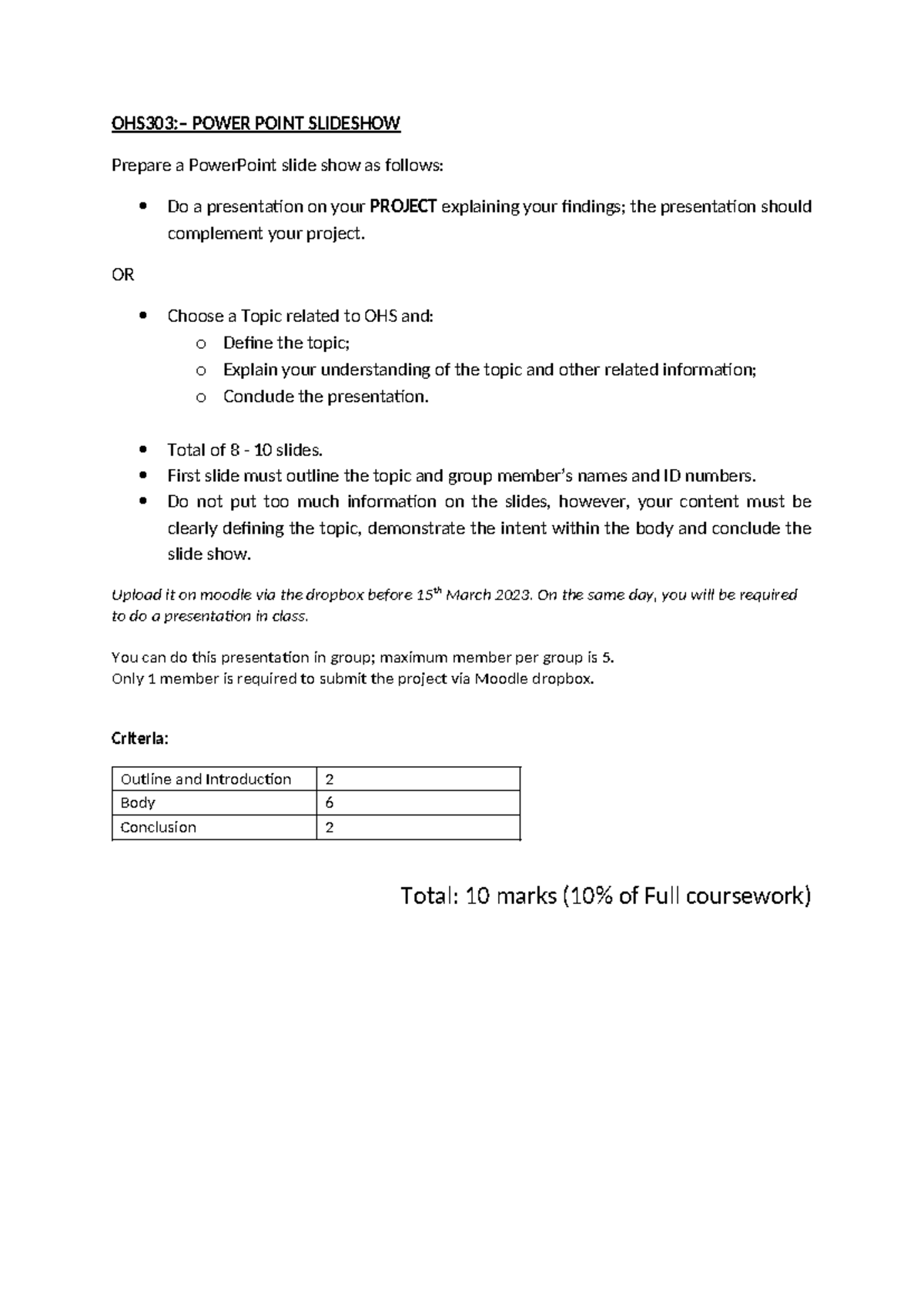 OHS303 Presentation - OHS303:– POWER POINT SLIDESHOW Prepare a ...