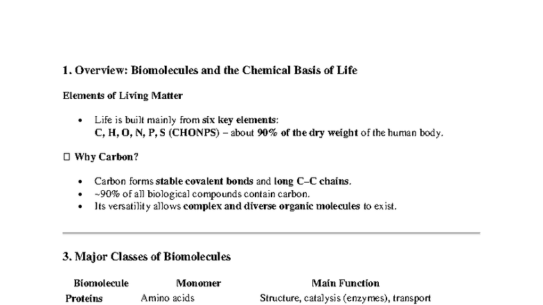 Biomolecules and Cell Structure: Overview for Bio 101 Chapter 1 - Studocu