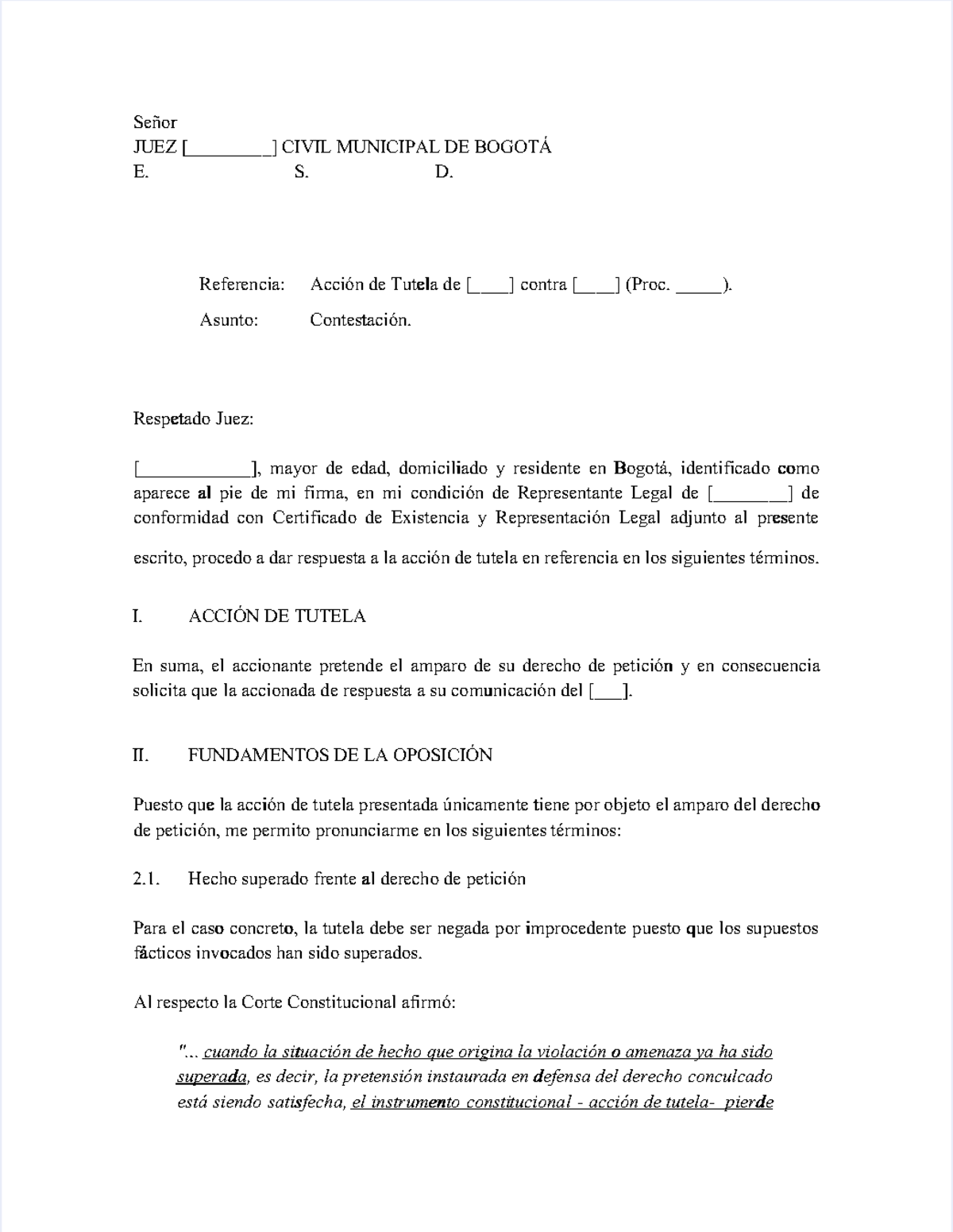 Contestación a Acción de Tutela por Hecho Superado - Modelo PDF - Studocu