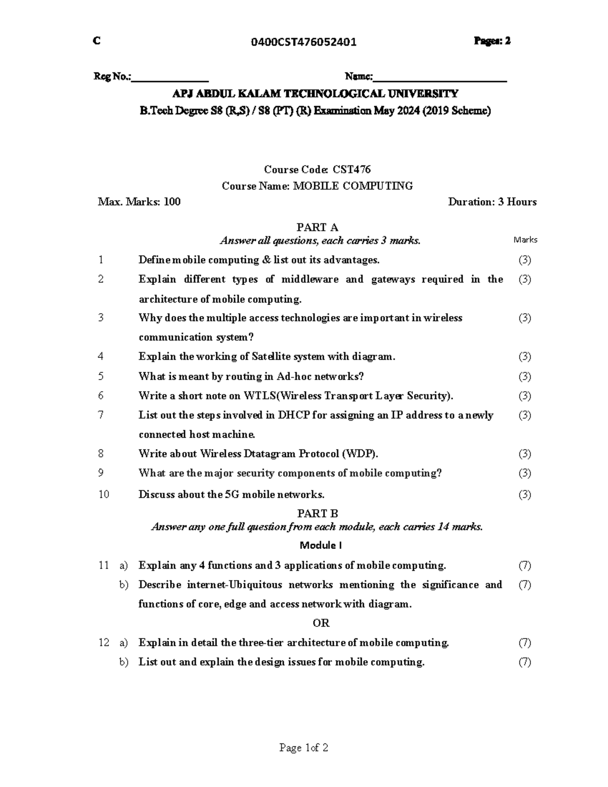 CST476 Mobile Computing Final Exam Question Paper - Studocu