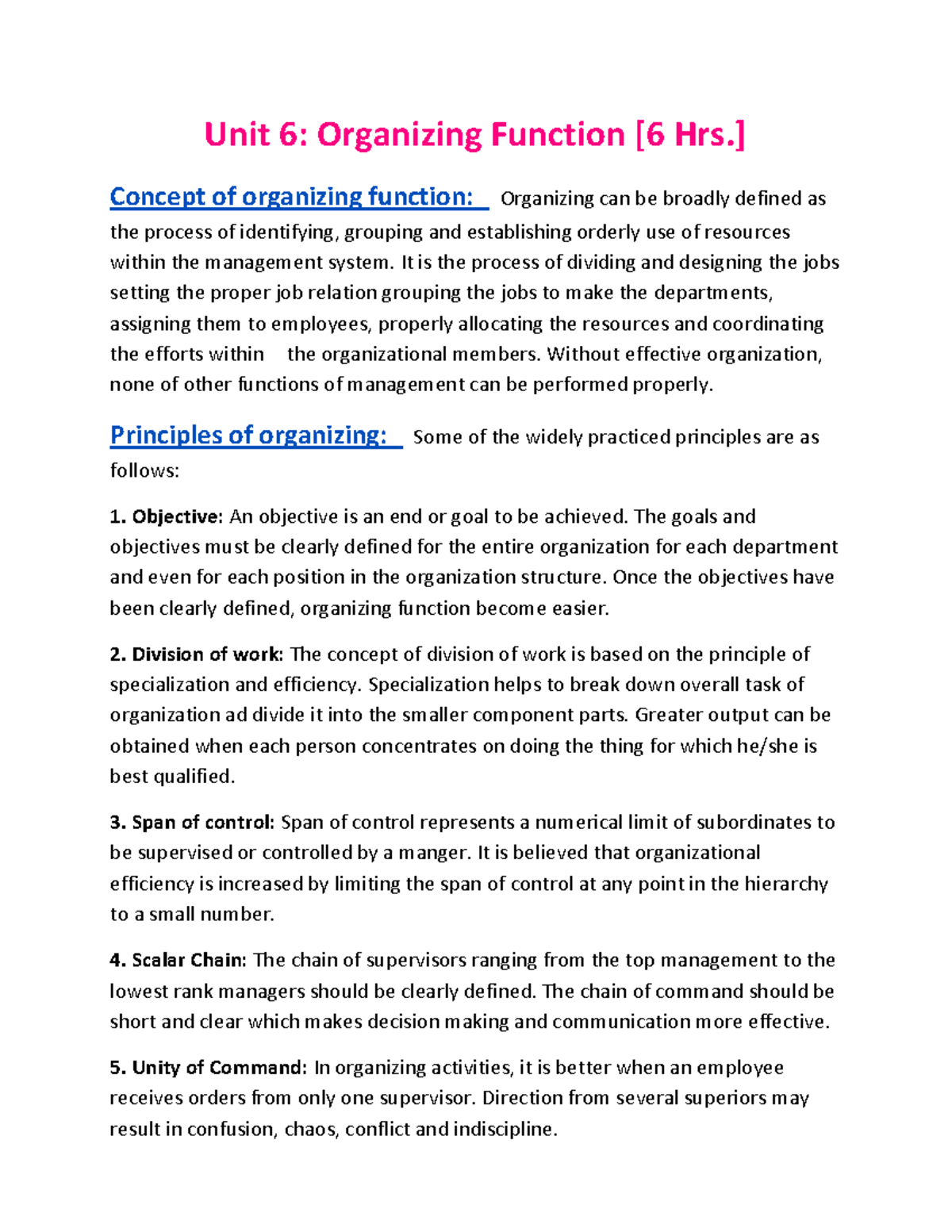 Unit 6: Organizing Function - Principles and Approaches - Studocu